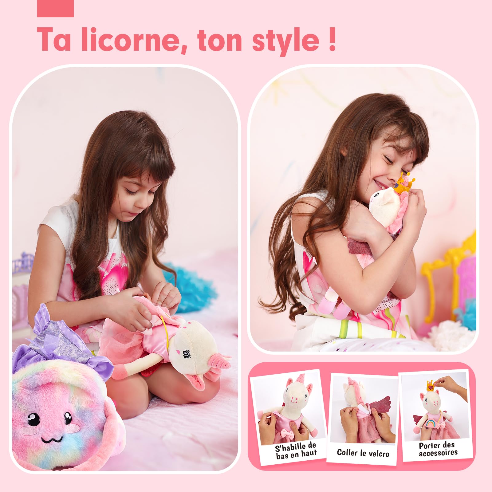 hahaland Licorne Peluche pour Filles 3+ Ans, Licorne à Habiller avec 3 Ensembles de Vêtements & 1 Sac Nuage en Fourrure, Jouet Créatif Jeu de Rôle, Cadeaux Anniversaire pour Fille 3 4 5 6 7 Ans