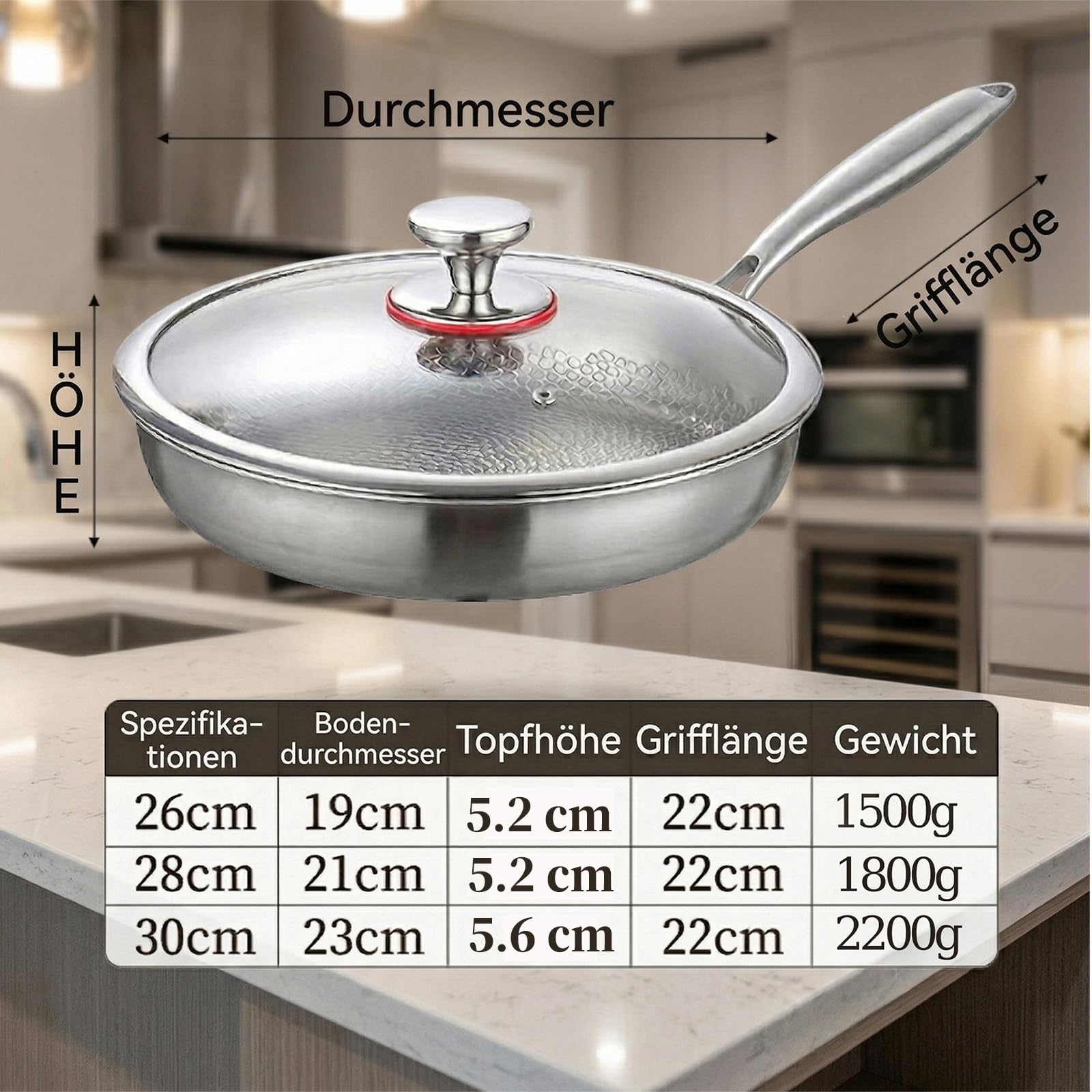 Titan Pfanne, Titanium Hammered Pan Pro mit Deckel, 28 CM Titan Pfanne Unbeschichtet, Antihaftbeschichtete Bratpfannen, Verdickt haltbar, Geeignet für Herdarten geeignet Spülmaschinen (28 cm)
