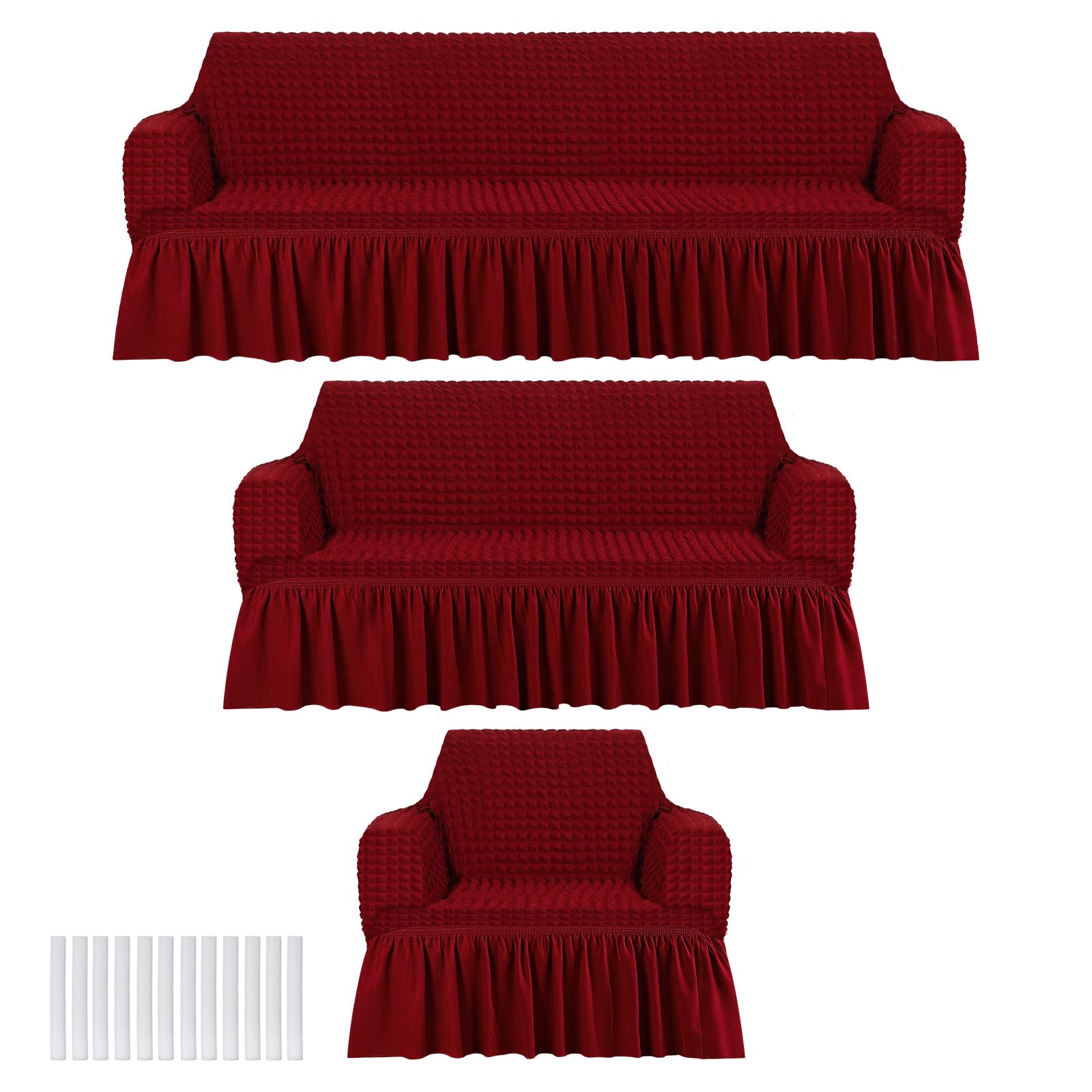 Photo 1 of Fanfanwin 3 Pcs Sofa Slipcover Set for Couch Cushion Durable Washable High Elastic Stretchable Furniture Couch Covers with Skirt for Sofa Loveseat Arm Chair(Burgundy,Seersucker)