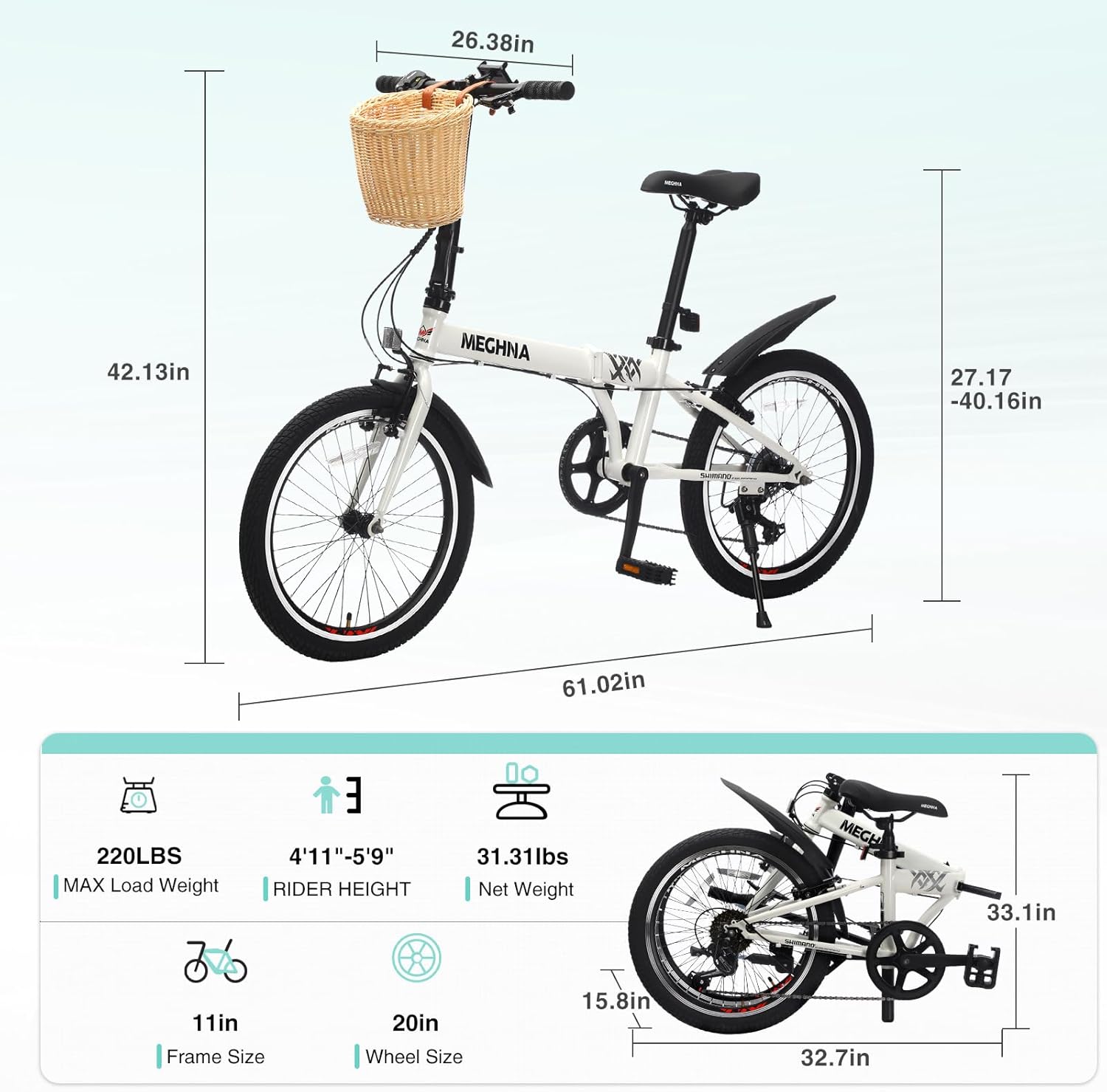 20'' Folding Bike for Adults with Basket, Phone Holder & Fenders, Steel Frame 6-Speed City Commuter, Dual V-Brake Portable Compact Bicycle for Men & Women