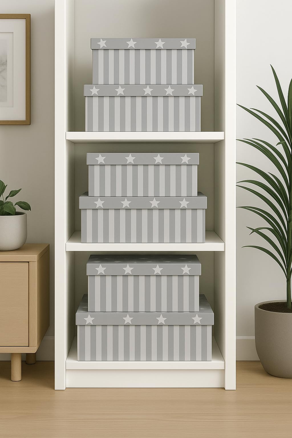 Brandsseller Lot de 10 boites gigognes, Boites-cadeaux, Boites de rangement, Boites en carton avec couvercle – Carton solide à motif étoiles et rayures, Carton, gris, 37,5x29x16cm - 19x13x7,5cm
