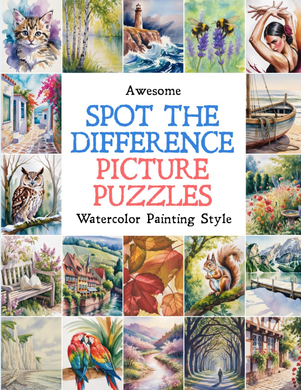 Awesome Spot the Difference Picture Puzzles in Watercolor Painting Style: Find the differences in 55 unique images