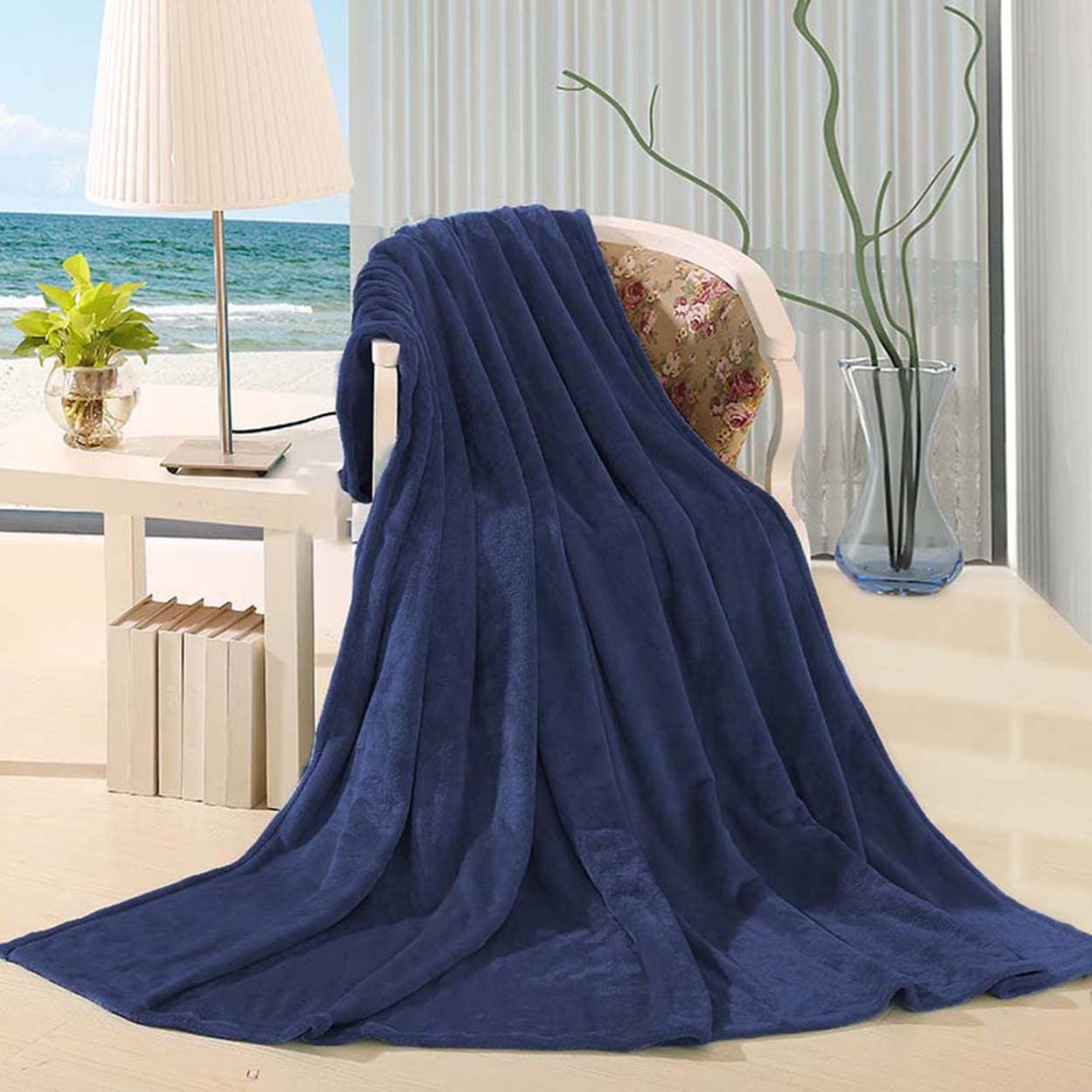 Manta de forro polar de coral ultra suave, manta mullida para sofá, manta cálida para casa, oficina, coche, cama, sofá de viaje (200 x 230 cm, azul marino)