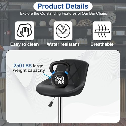 Miniatura 7 de FDW Juego de 2 taburetes de bar, taburetes giratorios, sillas de bar ajustables en altura con respaldo de piel sintética, taburete de bar giratorio,