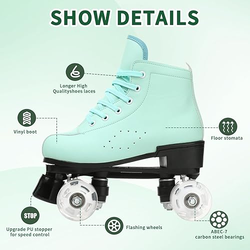 Vista 18 de Patines de ruedas para mujer, ruedas iluminadas, patines ajustables de doble fila, patines Derby brillantes para exteriores para adolescentes