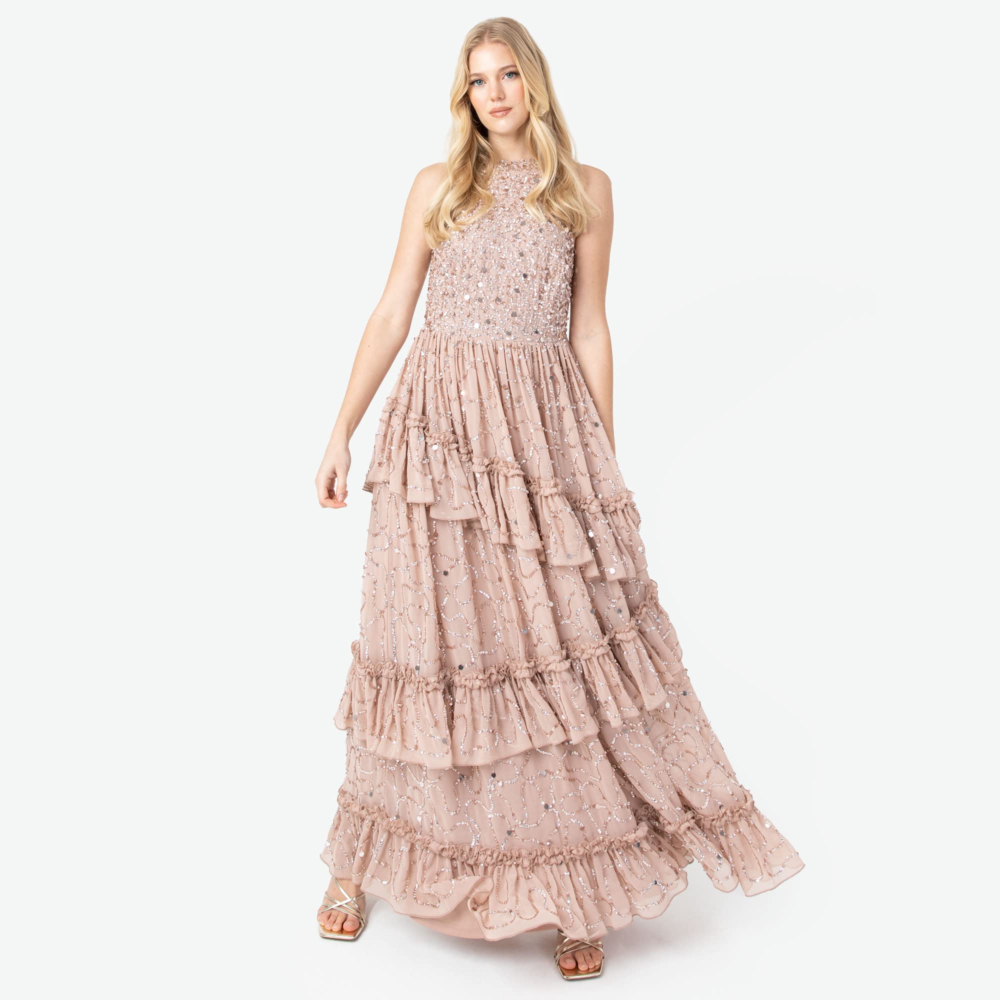 Maya Deluxe Womens Maxi Dress Ladies Embellished Ruffle Sleeveless Tie Back Dress for Wedding Guest Bridesmaid Prom Evening Occasion Vestito Donna
