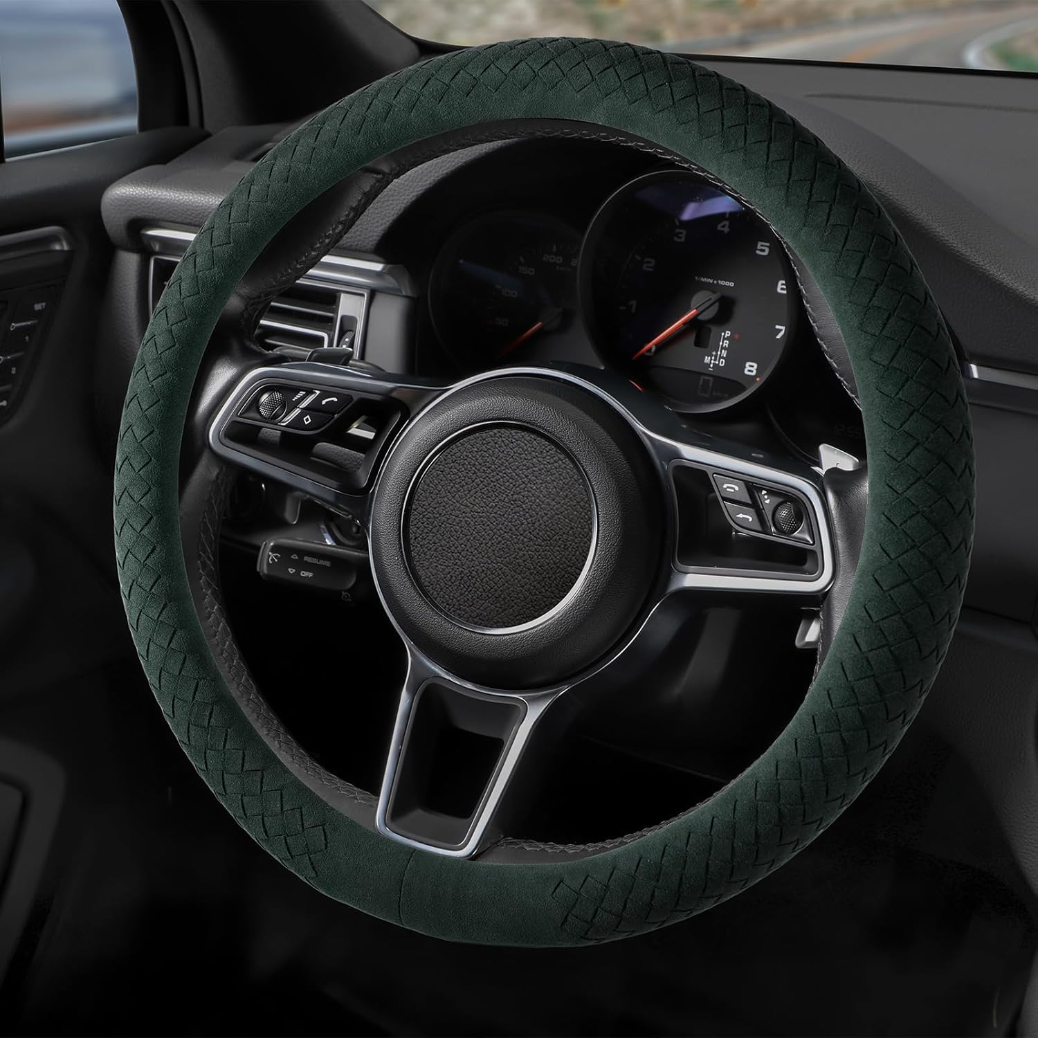 Suede Steering Wheel Cover with Upgraded Silicone Inner Ring, Breathable, Anti-Slip, Leather Universal 14.5 to 15 Inch Steering Wheel Cover (Green with Handwoven Craft)