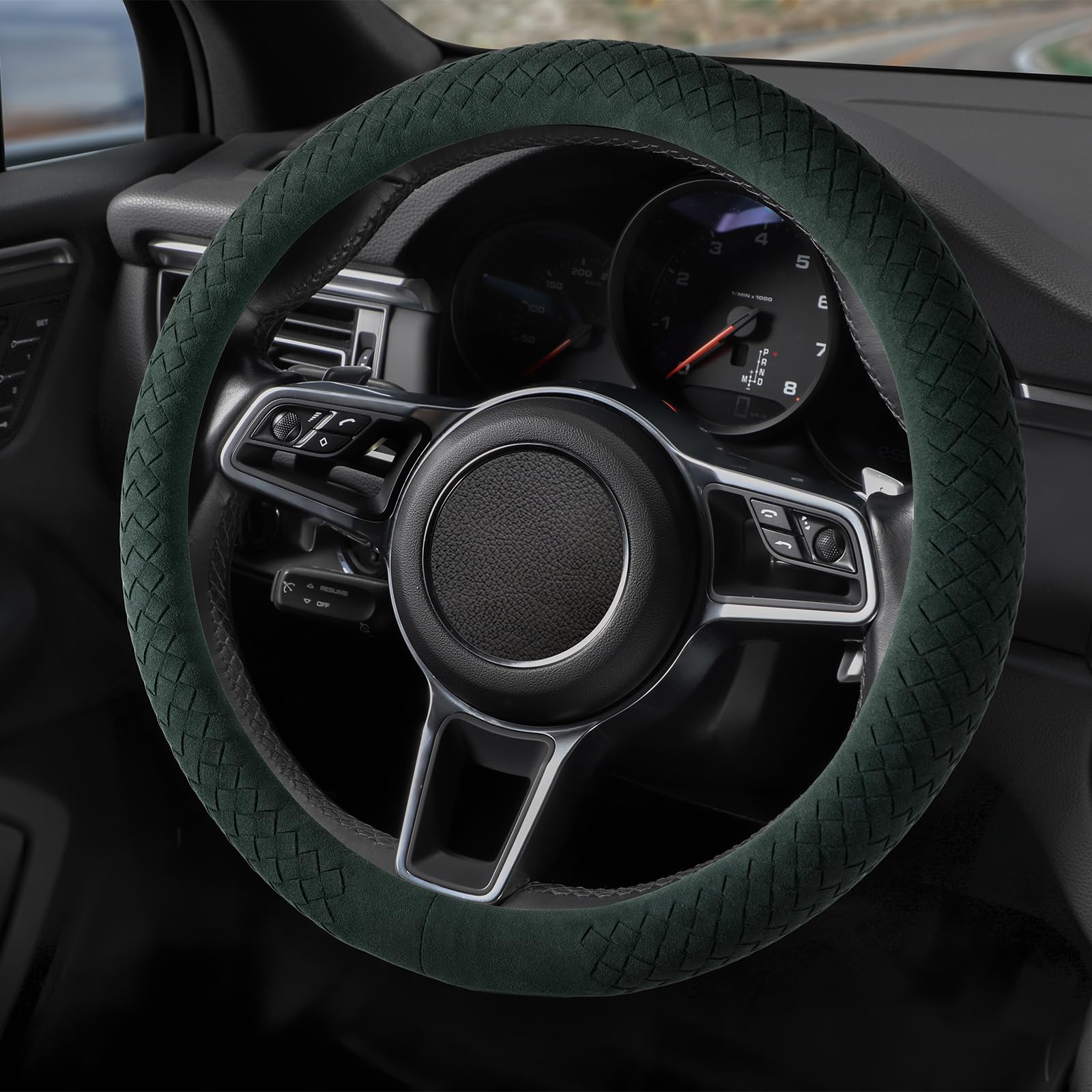 Suede Steering Wheel Cover with Upgraded Silicone Inner Ring, Anti Heat, Breathable, Anti-Slip, Leather Universal 14.5 to 15 inch Steering Wheel Cover (Green, Handwoven Craft)