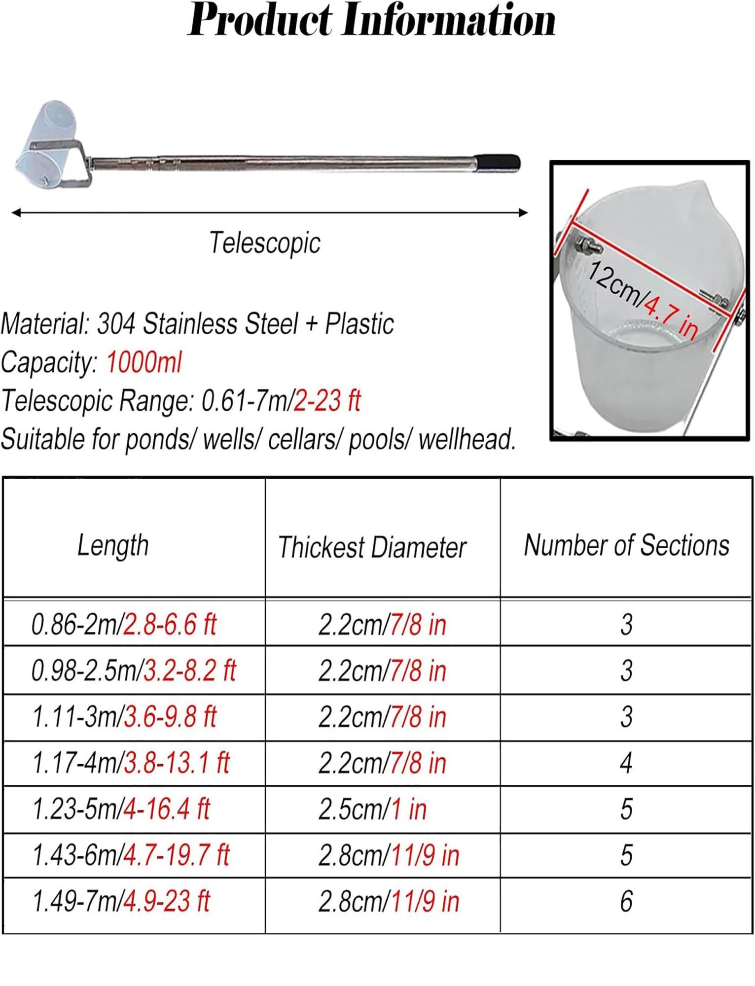 Estensione leggera for il campionamento dell'acqua for la produzione di campionatori d'acqua in acciaio inossidabile su palo, strutture/laboratori/piscine, con tazza graduata(400cm/157in)