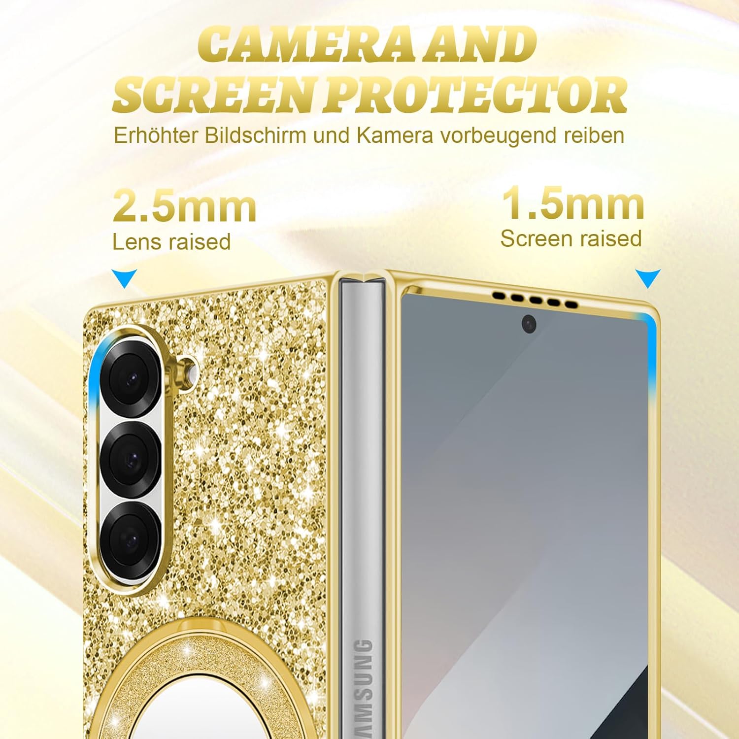Silicone Case for Samsung Galaxy Z Fold 6 5G Phone Case Glitter Sparkle Bling Matte Back Cases with Mag-Safe, Makeup Mirror, Stand Shockproof Protective Cover for Samsung Z Fold 6 Funda (Gold)