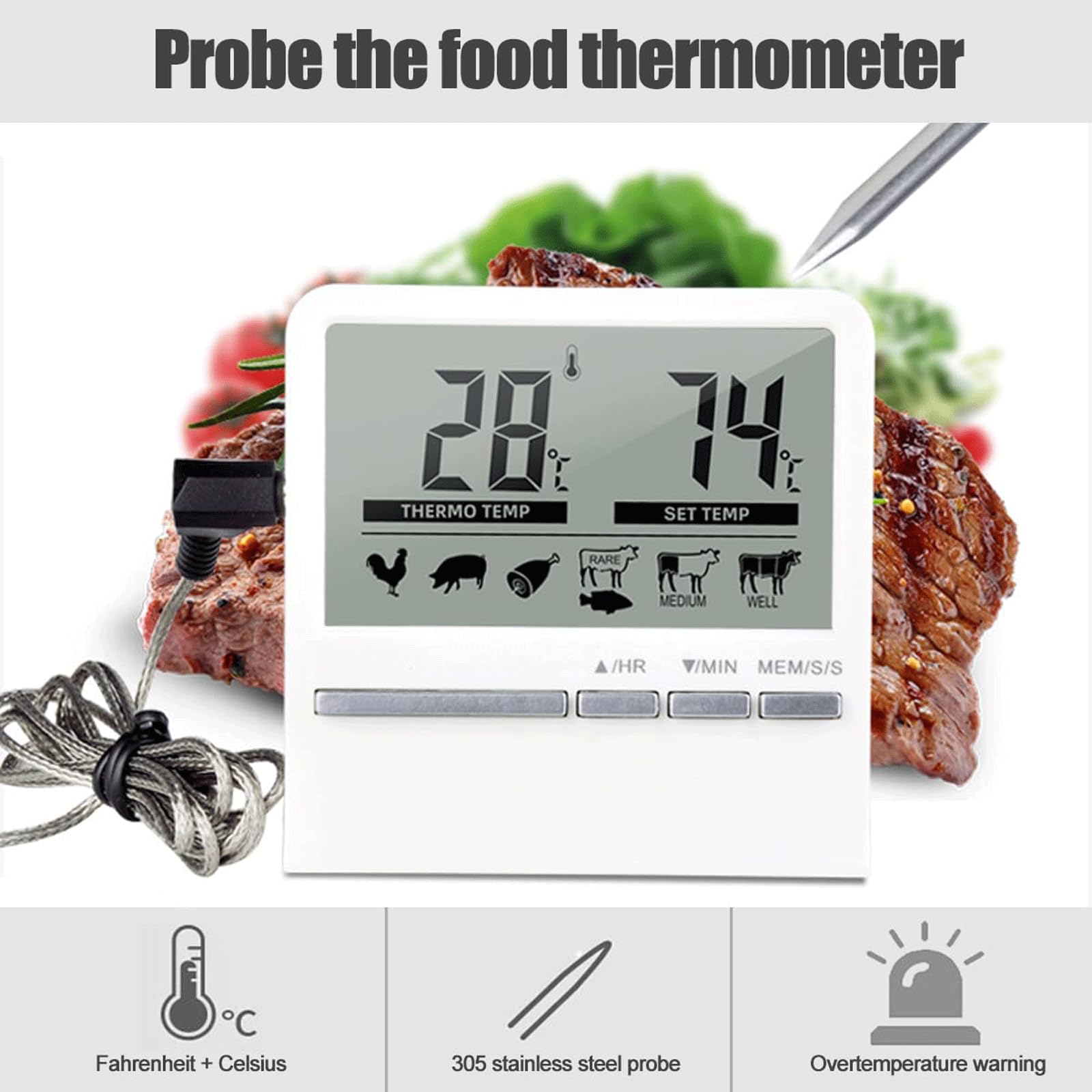 KRILLIQ Gadgets de Cocina Sonda Termómetro para Alimentos Termómetro electrónico con sonda de Metal Termómetro Digital para Carne para Asar