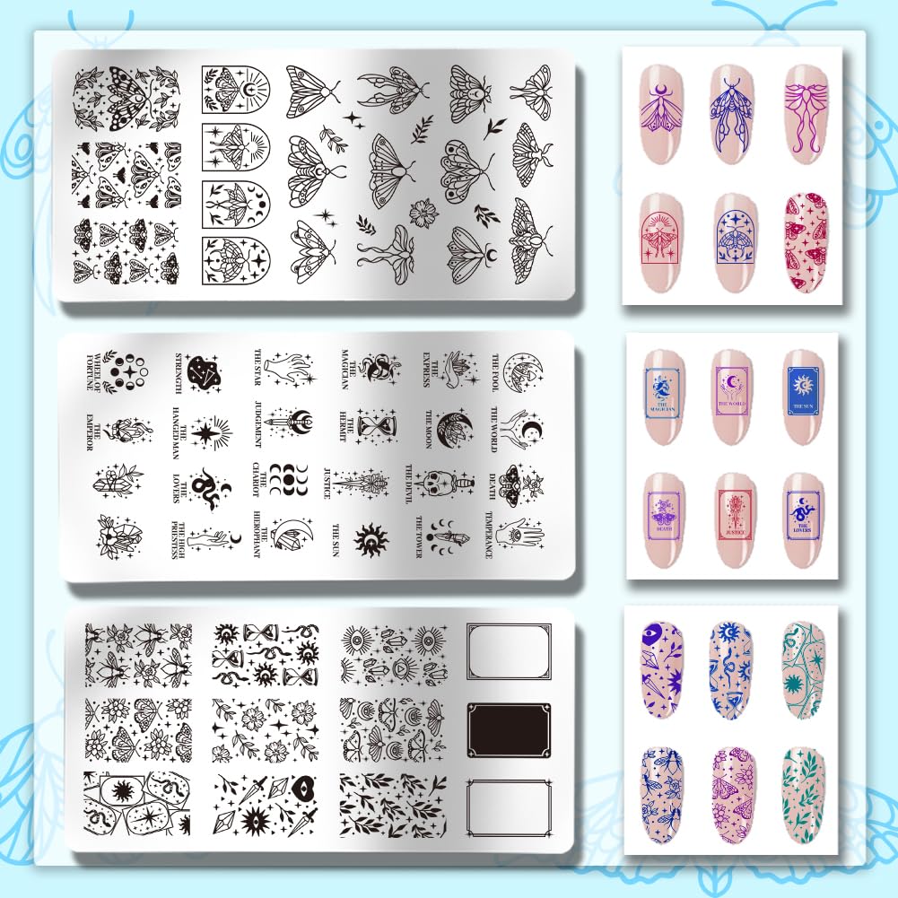 PH PandaHall 3 placas de estampado de arte de uñas de tarot, 63 patrones de fantasía, polilla de fantasía, elementos de fantasía, placa de estampado de uñas, plantillas de uñas de acero inoxidable,