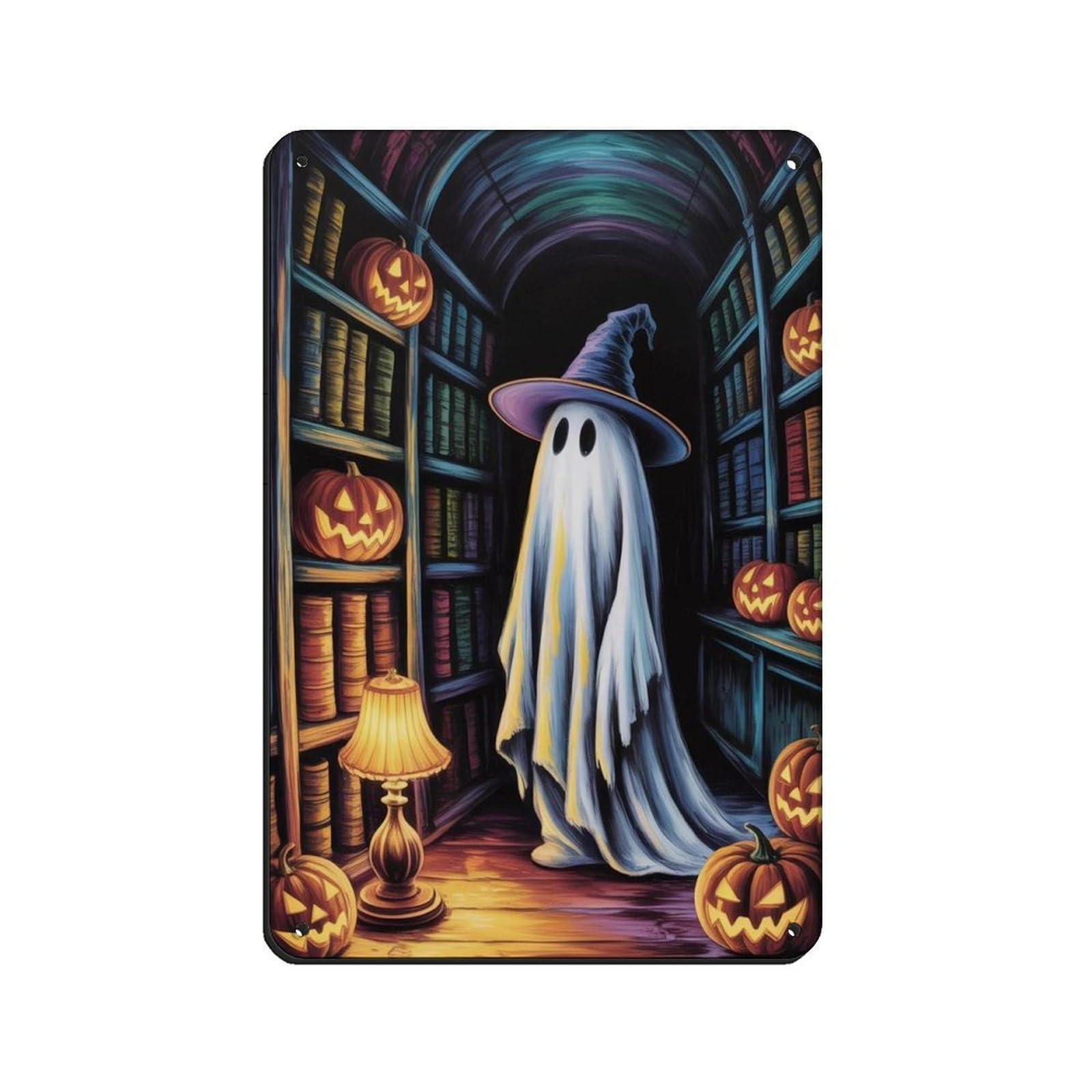 Ghost Witch & Pumpkin in A Library Poster Retro Poster Metal Tin Sign Chic Art Retro Iron Painting Bar People Cave Cafe Family Garage Poster Wall Decoration 8x12inch(20x30cm)