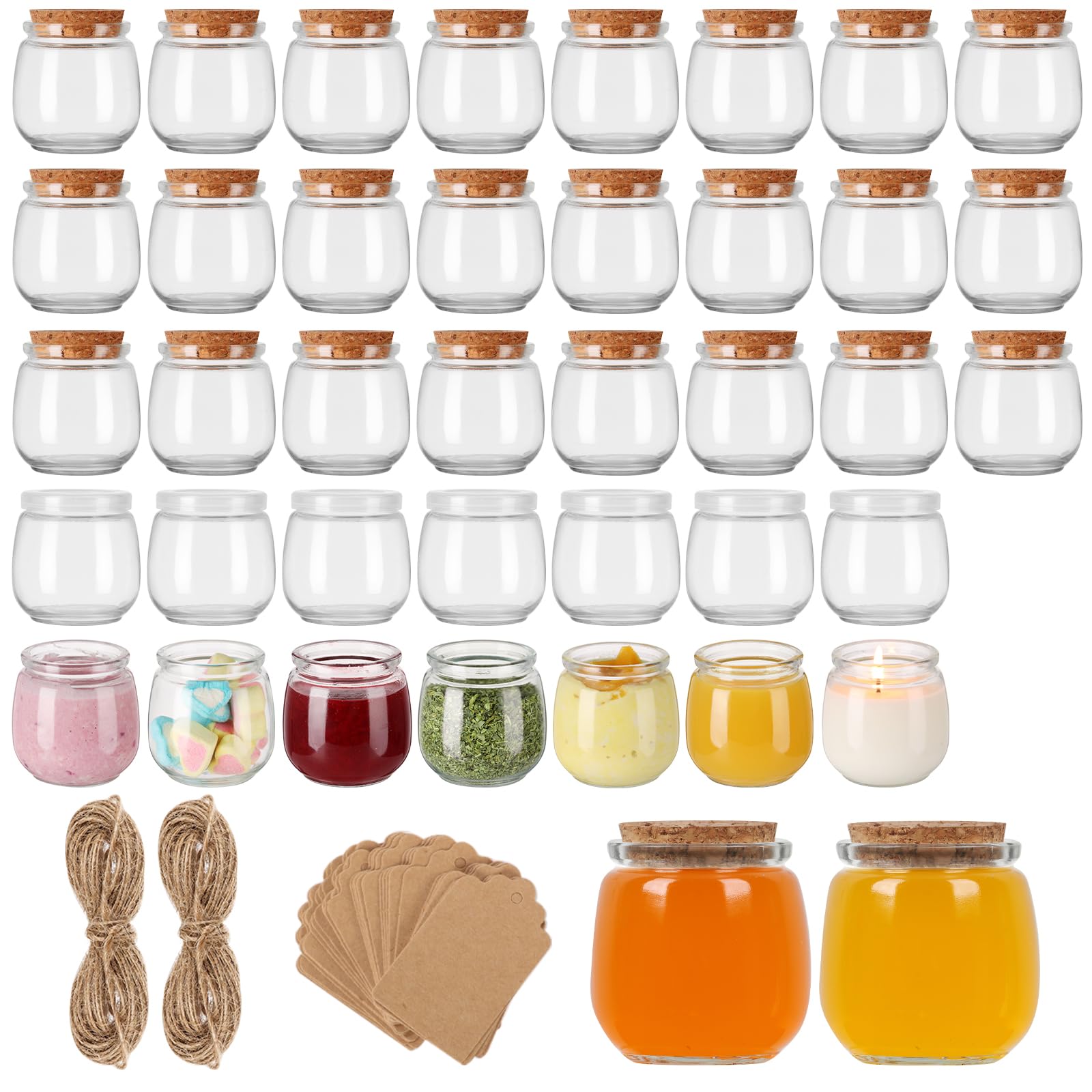 Jaisie.W Paquete de 40 tarros de vidrio de 7 onzas con tapas de corcho y polietileno, tarros pequeños de yogur con tapas, tarros de pudín seguros para alimentos, para miel, mermelada, especias, velas
