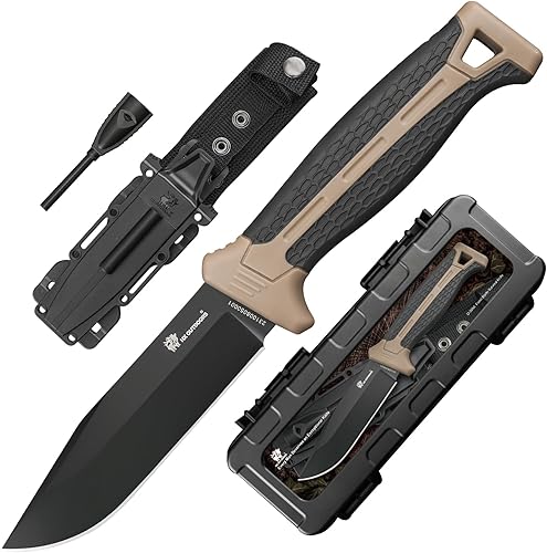 HX OUTDOORS Cuchillo de bushcraft extra afilado con arrancador de fuego, cuchillo de campamento de supervivencia de acero D2 prémium con funda de