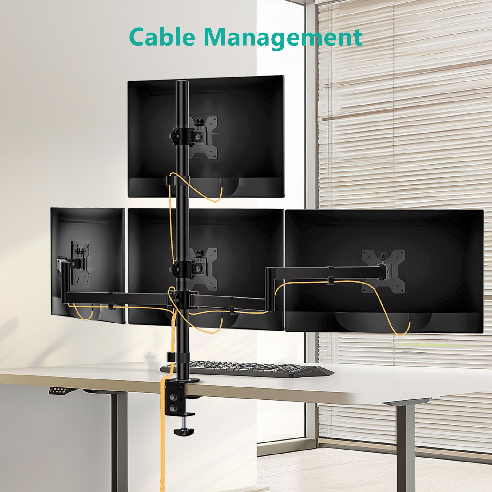 WALI Soporte de monitor cuádruple para pantallas de 17 a 27 pulgadas, soporte de 4 monitores totalmente ajustable con giro, inclinación, rotación, abrazadera y kit de base de ojales, carga máxima de