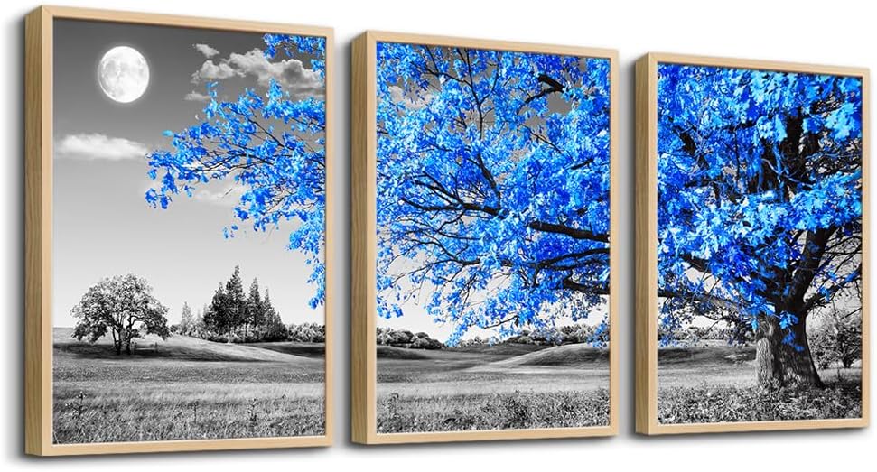 Blue Trees and Moon Landscape Canvas Print Set