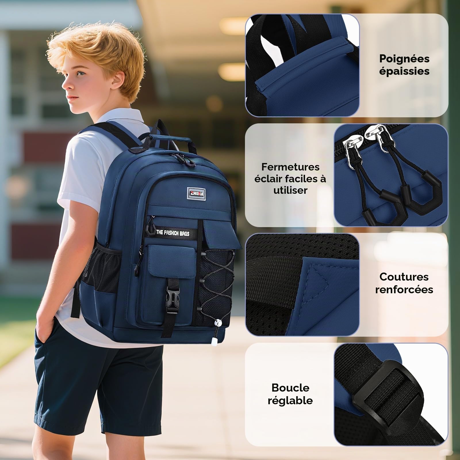 Amythe Sac à Dos Garçon Collège, Cartable Adolescent Scolaire Imperméable Durable, Sac Ecole Lycée Garçon Grande Capacité pour 15.6" ordinateur, 27L-Bleu
