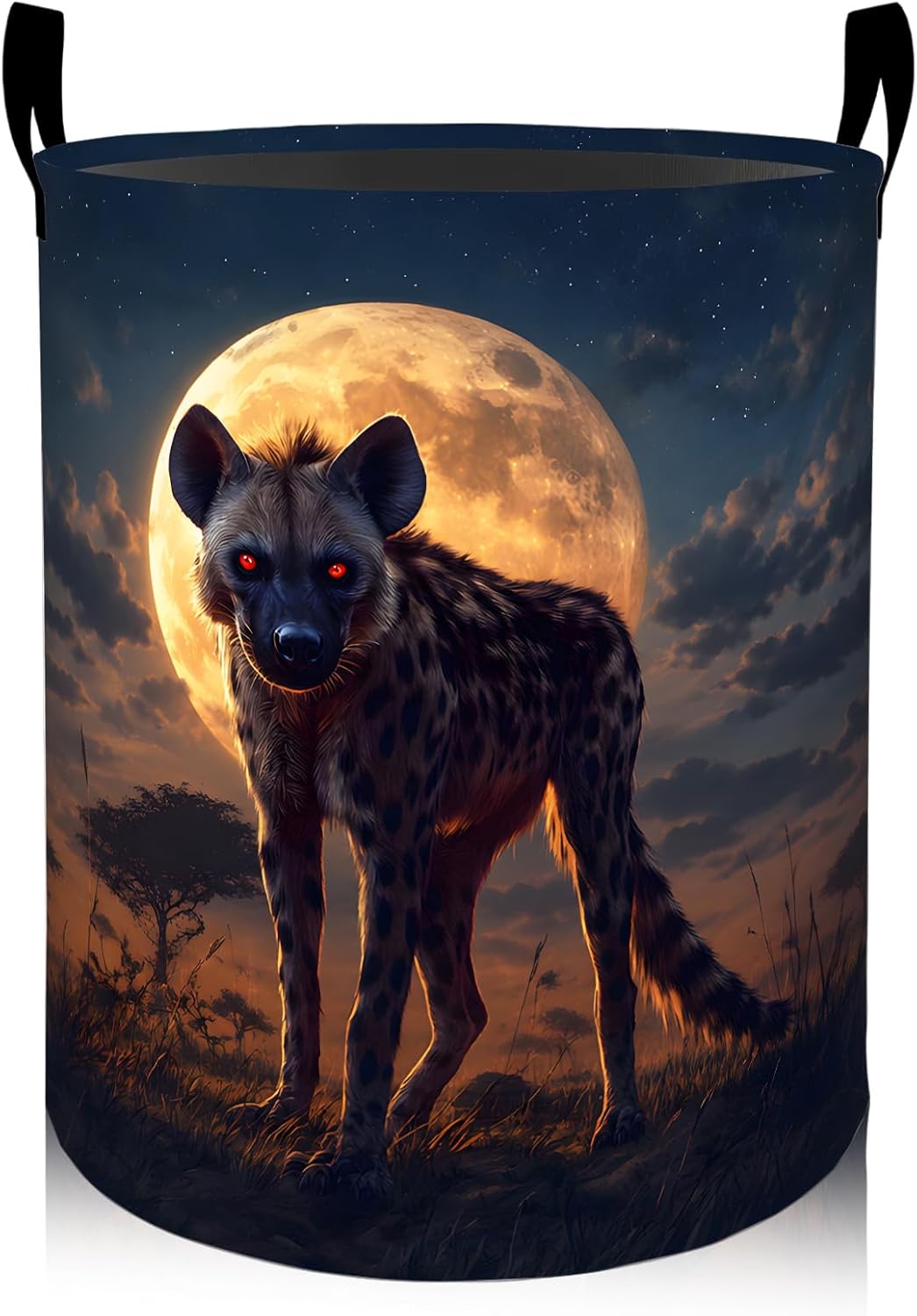 Spotted Hyena Full Moon Laundry Basket with Handles, 19.7"x15.7"