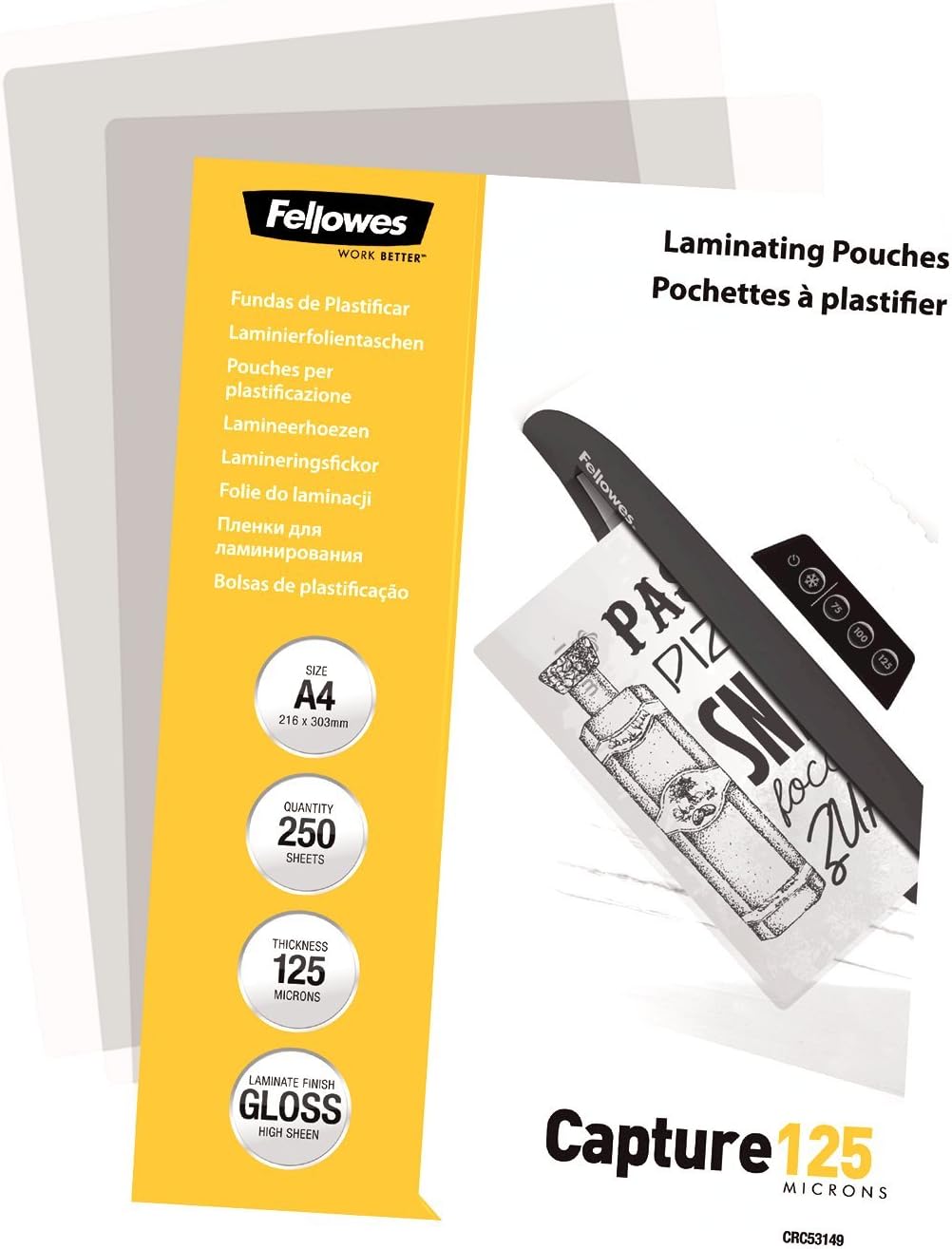 Fellowes Laminating Pouches A4 125 Micron Pack of 250, Glossy Finish, Ideal for Photos, Posters, Certificates