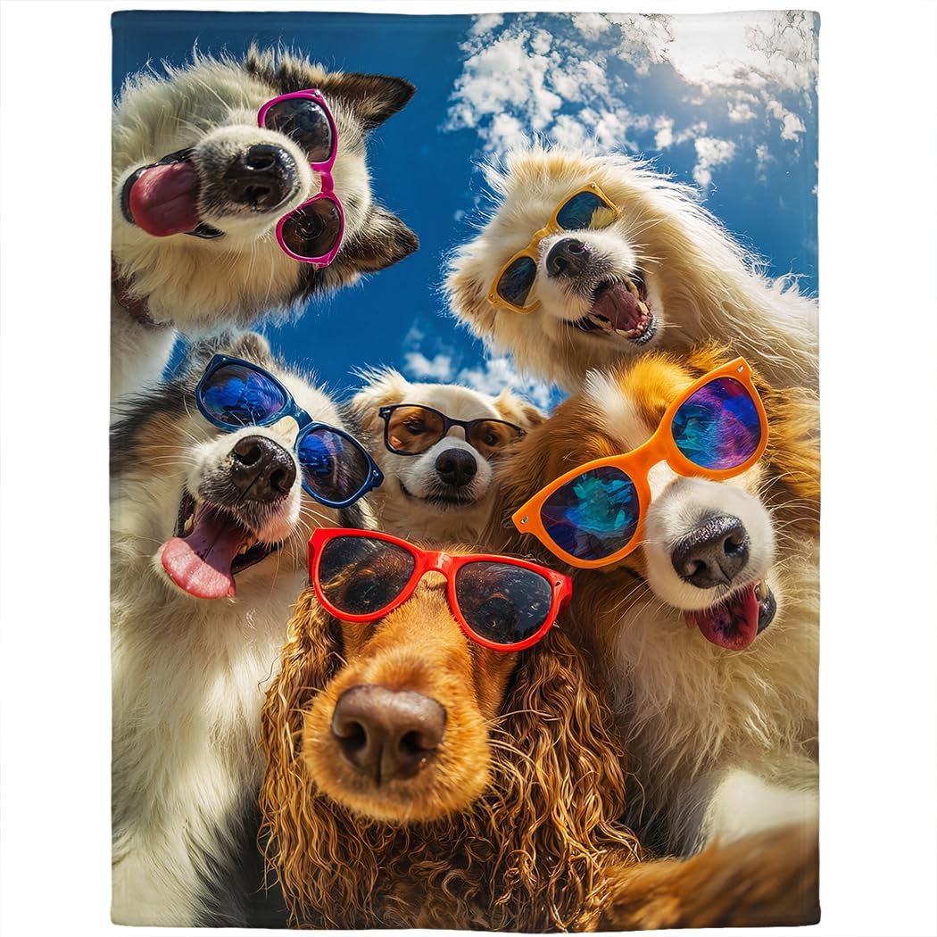 60"x80" Sunglasses Dogs Blanket, Soft Cozy Fleece for Poolside & Teen Room