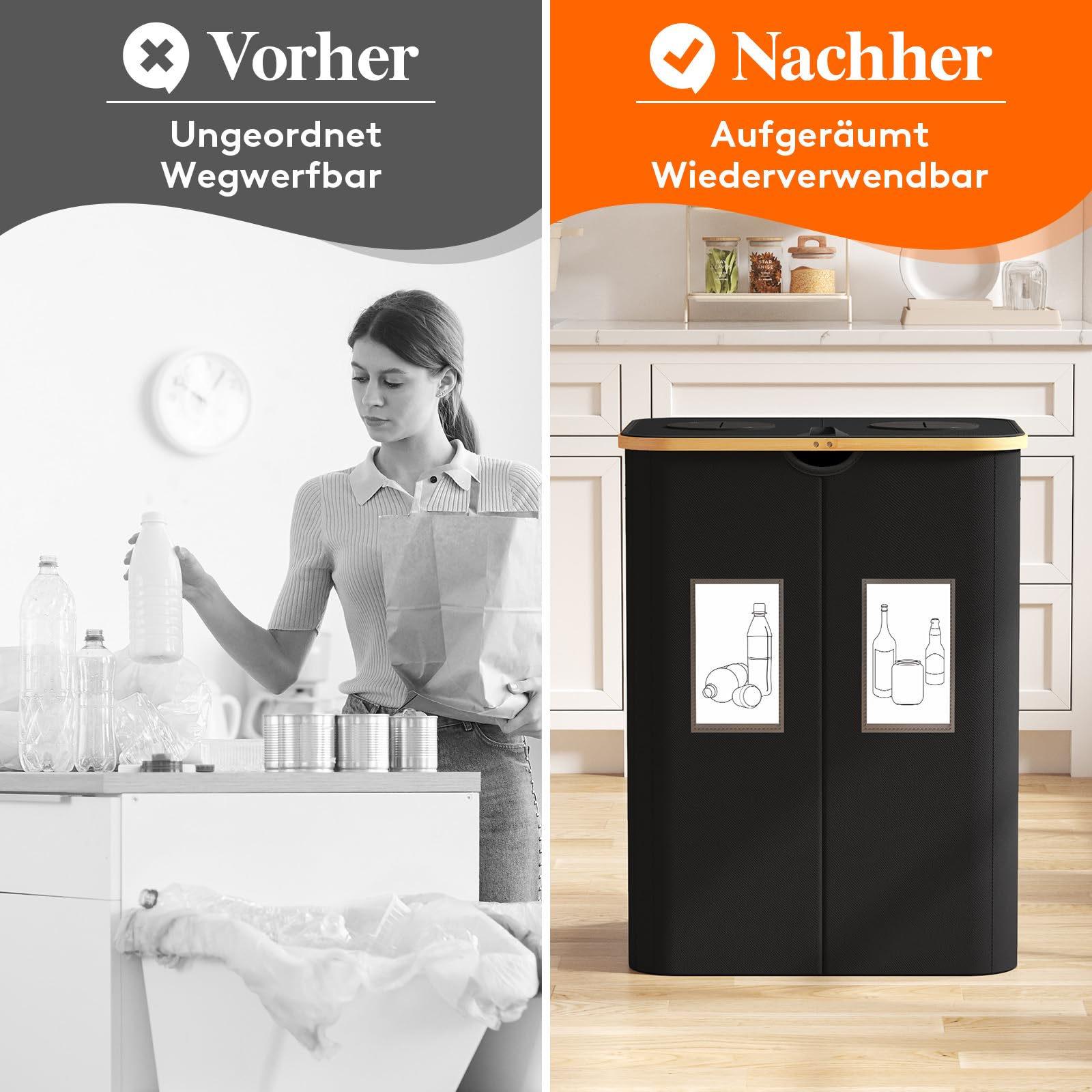 Lifewit 150L Pfandflaschen Sammelbehälter, Flaschen Organizer mit Deckel, Flaschensammler Leergut 2 Fächer, Pfandflaschen Aufbewahrung, Pfandflaschen Behälter für Kunststoff, Glasflaschen, Schwarz