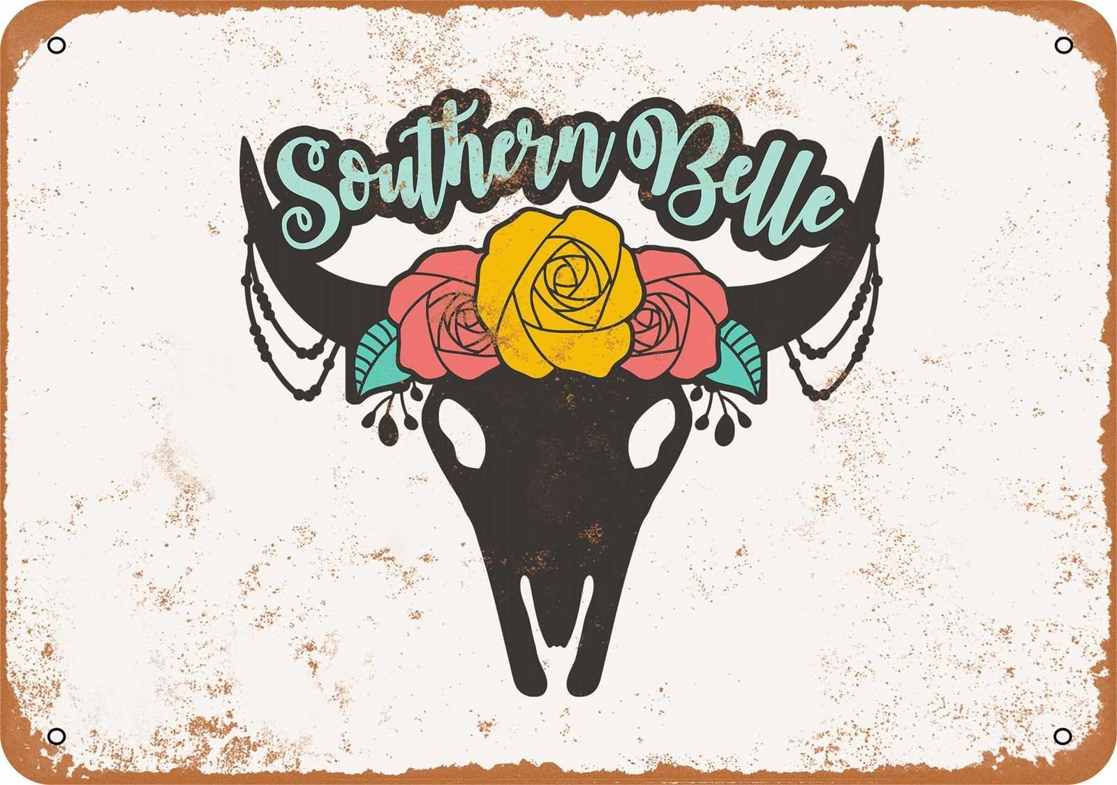 Miaomansenstore Metal Sign - Southern Belle Cattle Skull With Flowers - Vintage Look Home Decor