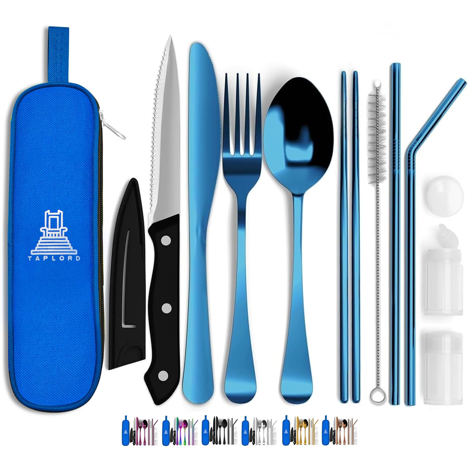 Travel Utensils With Case, 10 Pcs portable silverware set (Blue)