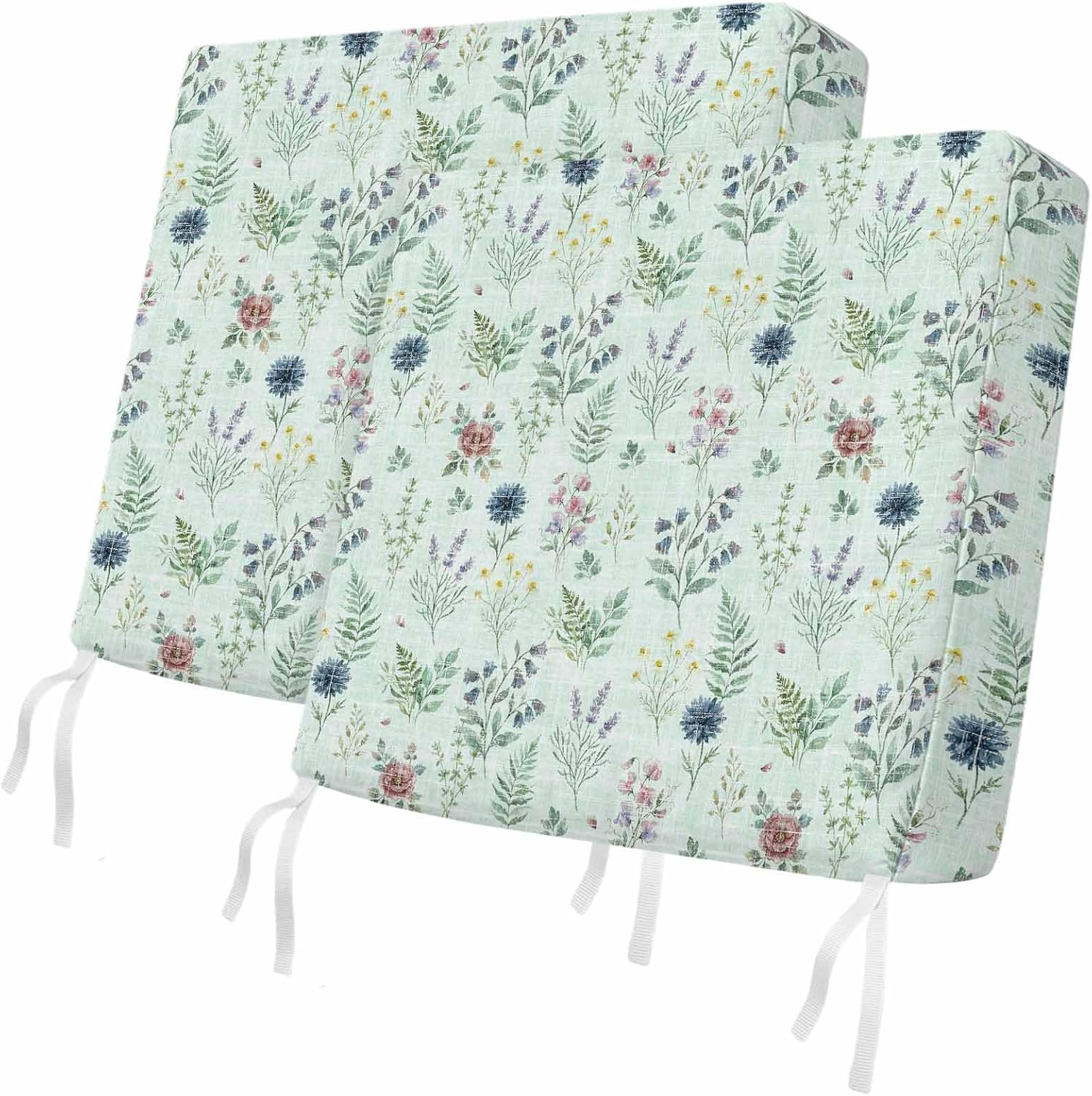 Outdoor Waterproof Cushion Covers Country Wildflower Herb on Green Replacement Seat Slipcover for Patio,Pastoral Fern Leaves Chair Couch Sofa Covers Furniture Protector Set of 2,22x20IN