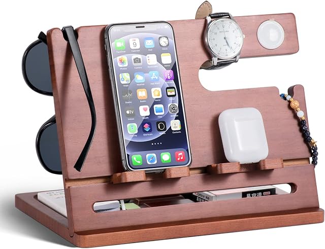 Robomanor Gifts for Men Bedside Organiser Dad Gifts Wood Phone Docking Station Key Holder Wallet Stand Watch Wooden Organiser Birthday Gifts for Him Anniversary Idea Gifts for Dad Husband Wife