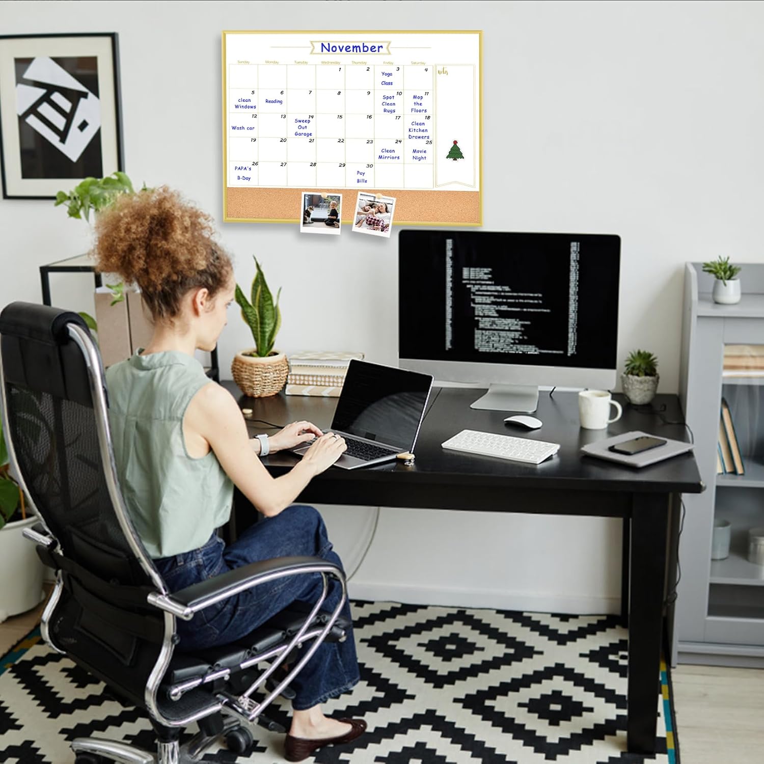 Whiteboard Calendar & Corkboard, 18" x 24" Dry Erase White Board & Bulletin Board, Gold Aluminum Frame Calendar/Cork Combo Board(ZHYL-Gold-4560-B+1)