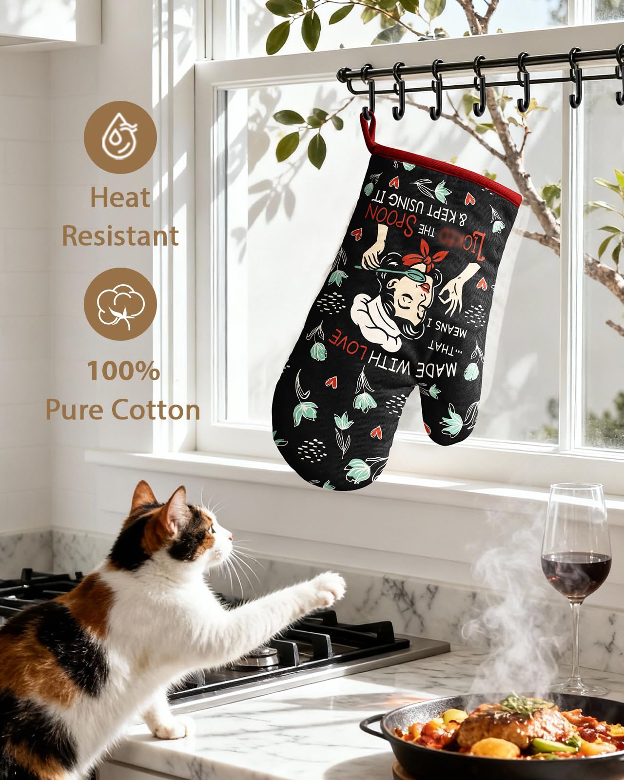 Slohif Lustiger Ofenhandschuh, hitzebeständig für Frauen, 1 Packung, schwarz, niedliche Neuheit, coole Küchenofenhandschuhe mit 100 % Baumwolle für Back- und Kochzubehör (Made with Love)