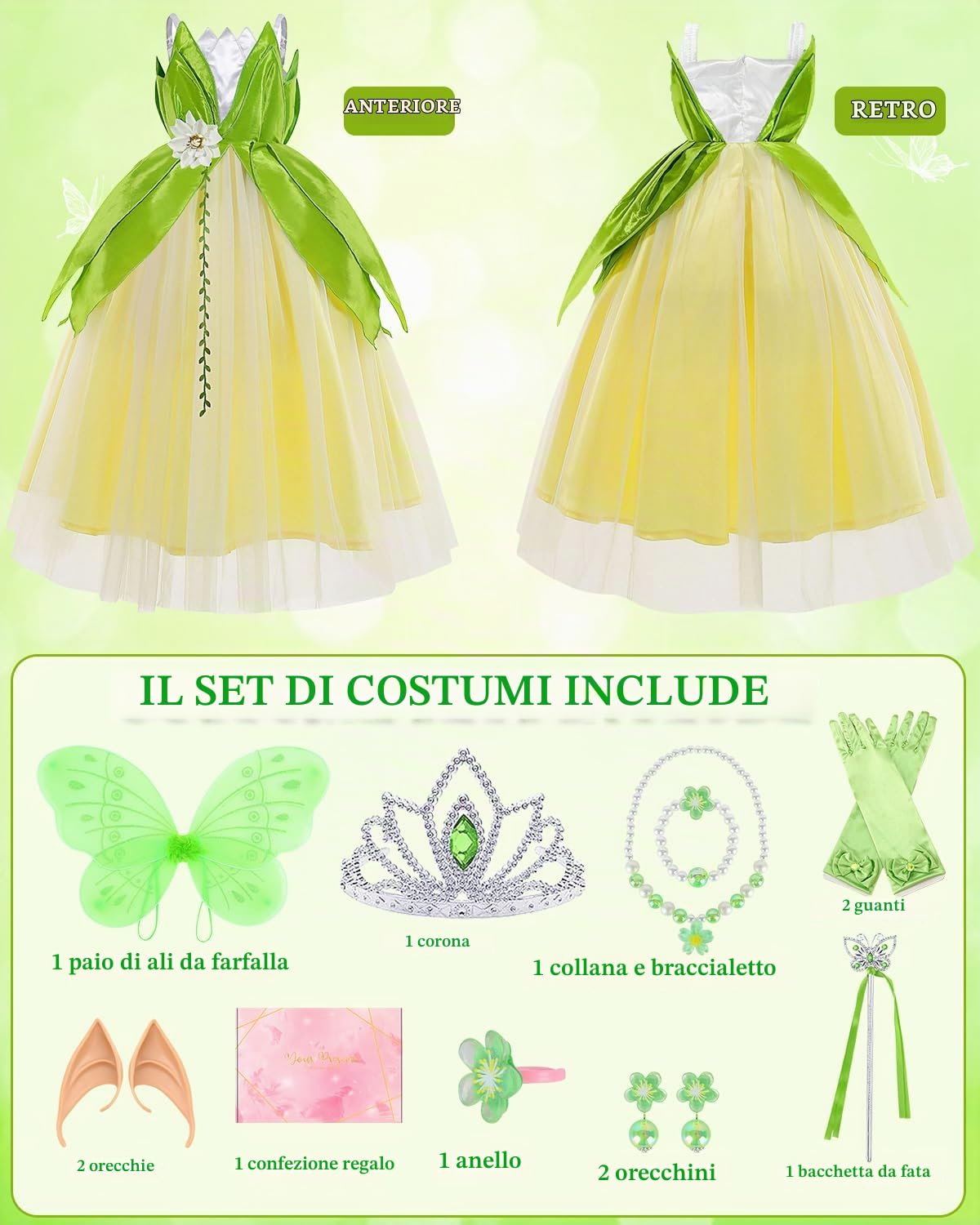 Costume Tinkerbell Bambina, Vestito Principessa con Ali, Corona, Bacchetta Magica e Accessori, Costume Tinkerbell Principesse 3-8 Anni per Compleanni, Cosplay, Carnevale e Halloween