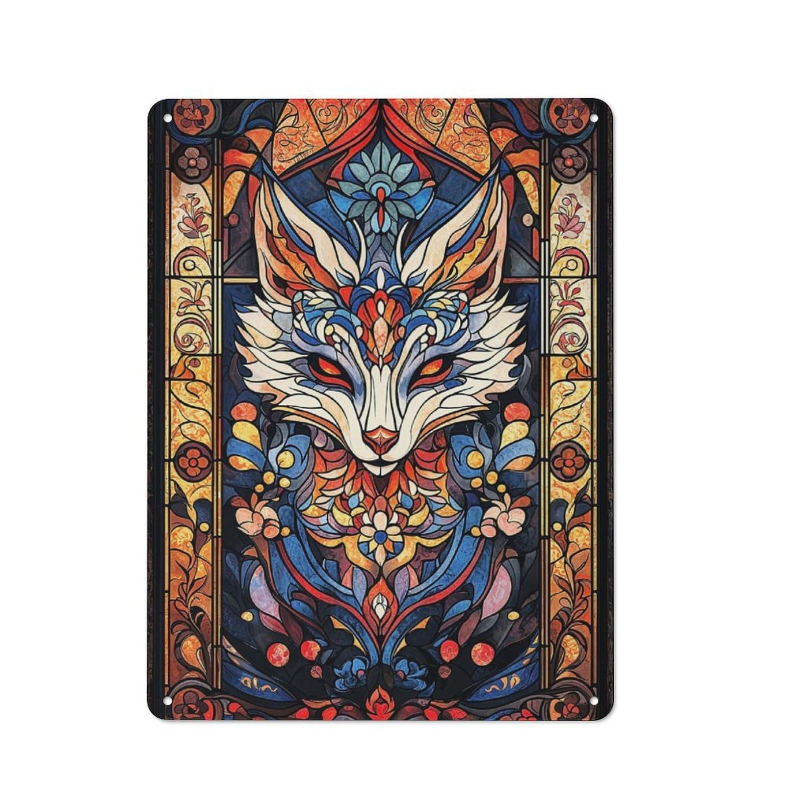 Junmoney Stained Glass Fox 40X30cm Retro Metal Plaque With For Garage Or Workshop, Housewarming Present For People Styling Garage And Workshop