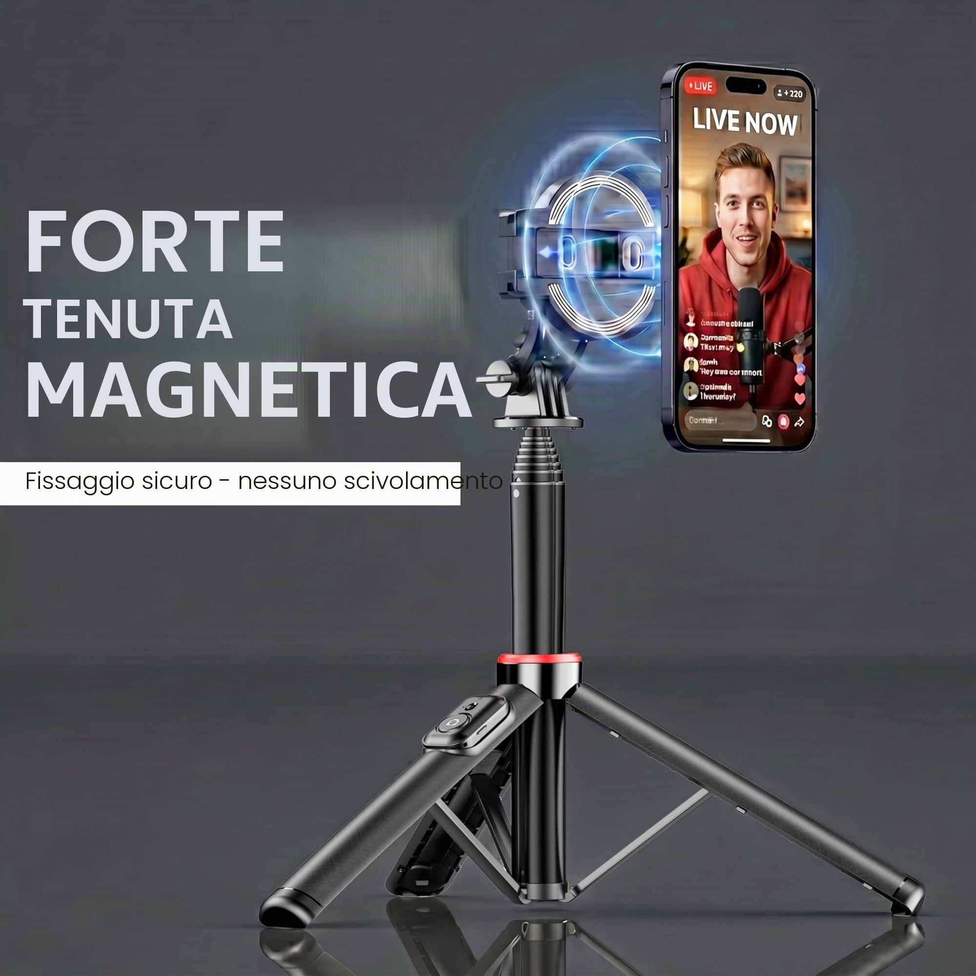 AMAYO - Bastone Selfie 2 in 1 per MagSafe iPhone – Doppio supporto (magnetico e clip) con telecomando Bluetooth, treppiede estensibile per viaggi, vlog, selfie e foto (Nero)