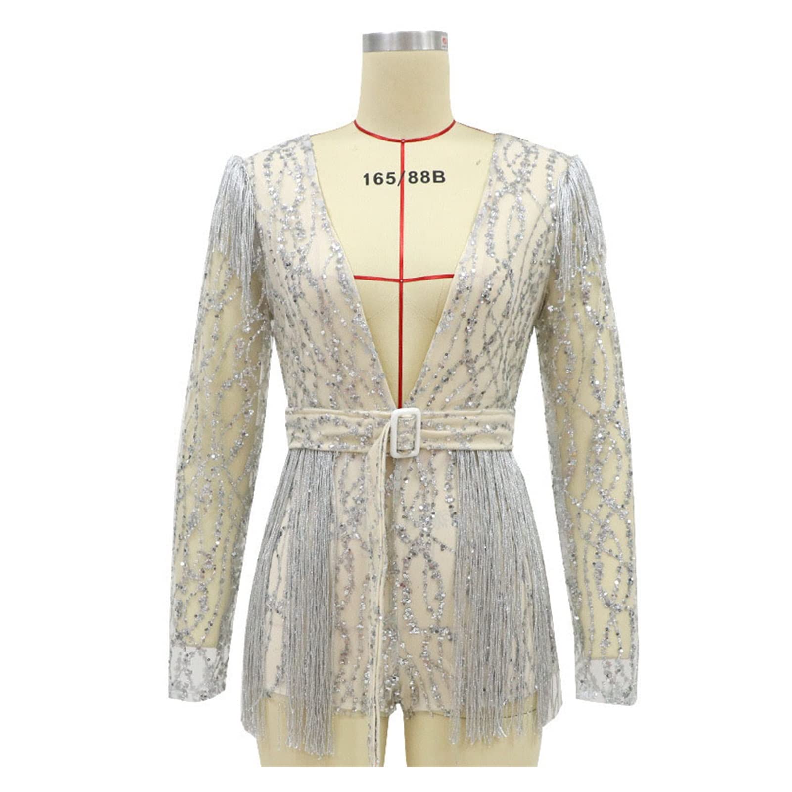 Wąskie pajacyki i kombinezony damskie z długim rękawem i dekoltem w serek Bodycon Tassel Sexy (kolor: B, rozmiar: kod L)