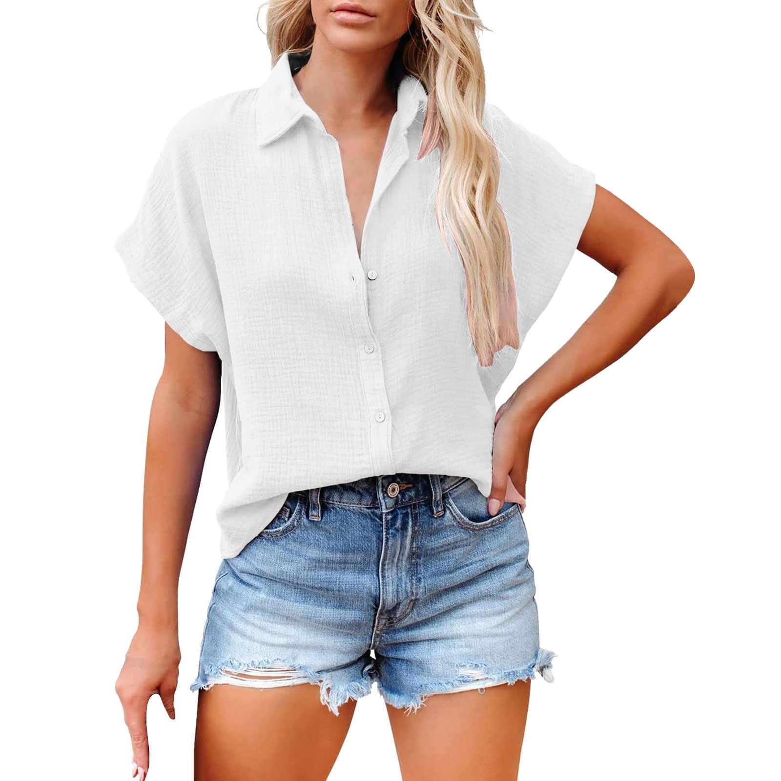 HUCHPIGoing Out Tops for Women Short Sleeve V Neck Button Down Shirts 2024 Casual Business Plain Basic Summer Shirt