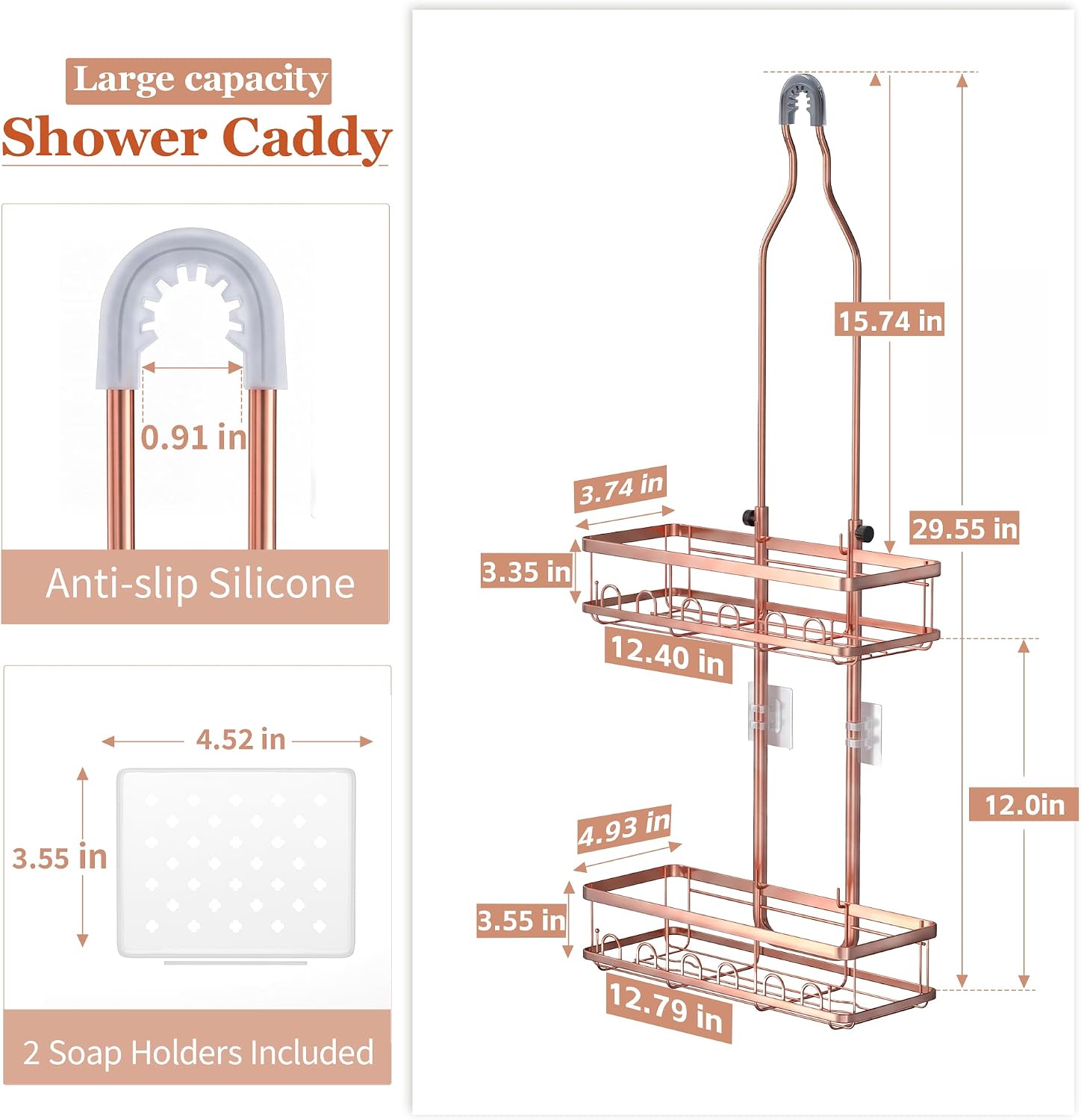 Skyapex Shower Caddy Hanging: Adjustable Height No Blocking to Shower Head - Shower Caddy Over Showerhead Shower Organizer - Rustproof Shower Shelves with Hooks 2 Soap Holders, Rose Gold image 2