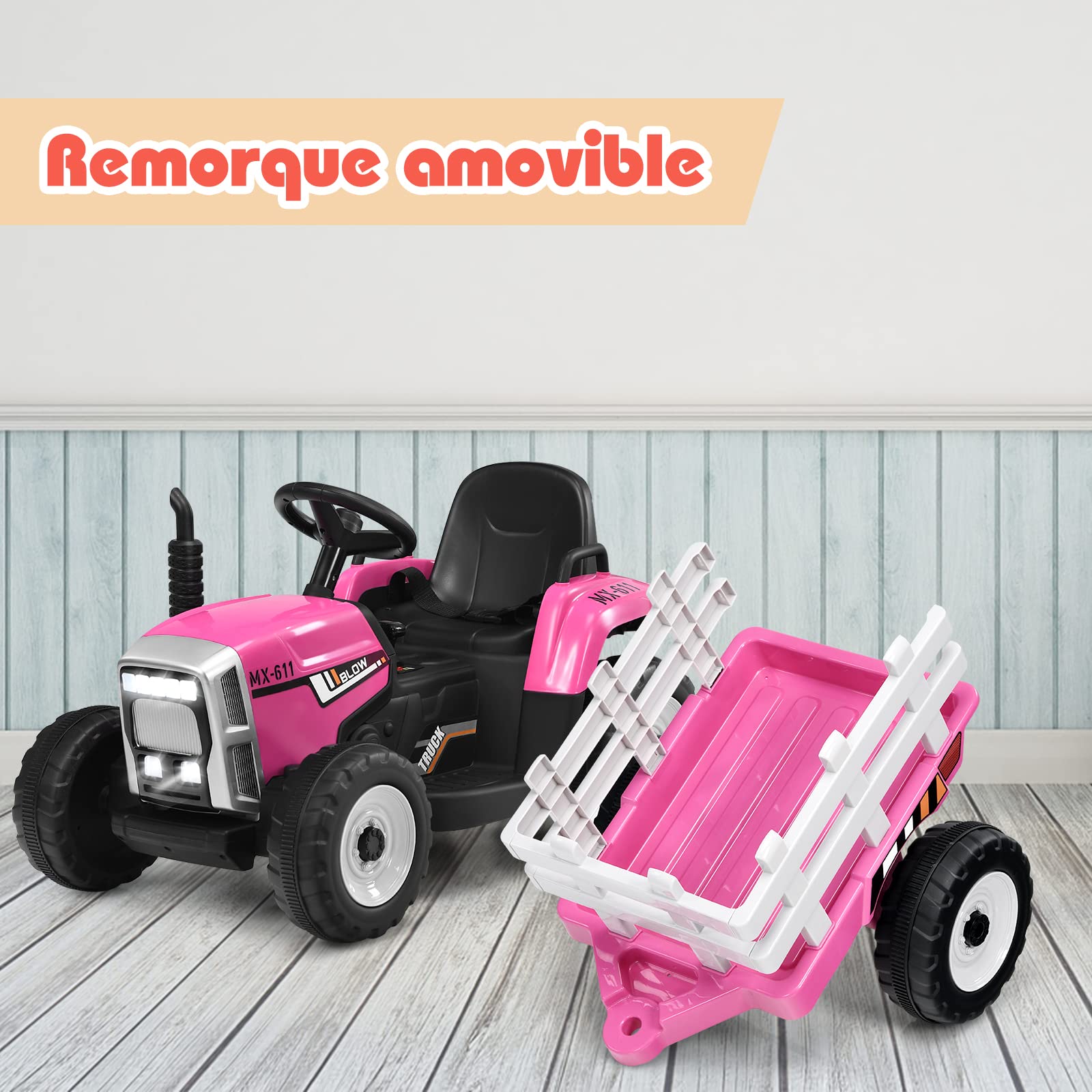 GOPLUS Tracteur Electrique Enfants avec Remorque 12V, Phare à LED et Musique, Voiture Electrique Enfants avec Télécommande Parental pour Enfants 3 Ans+, Charge Max 30KG(Rose)