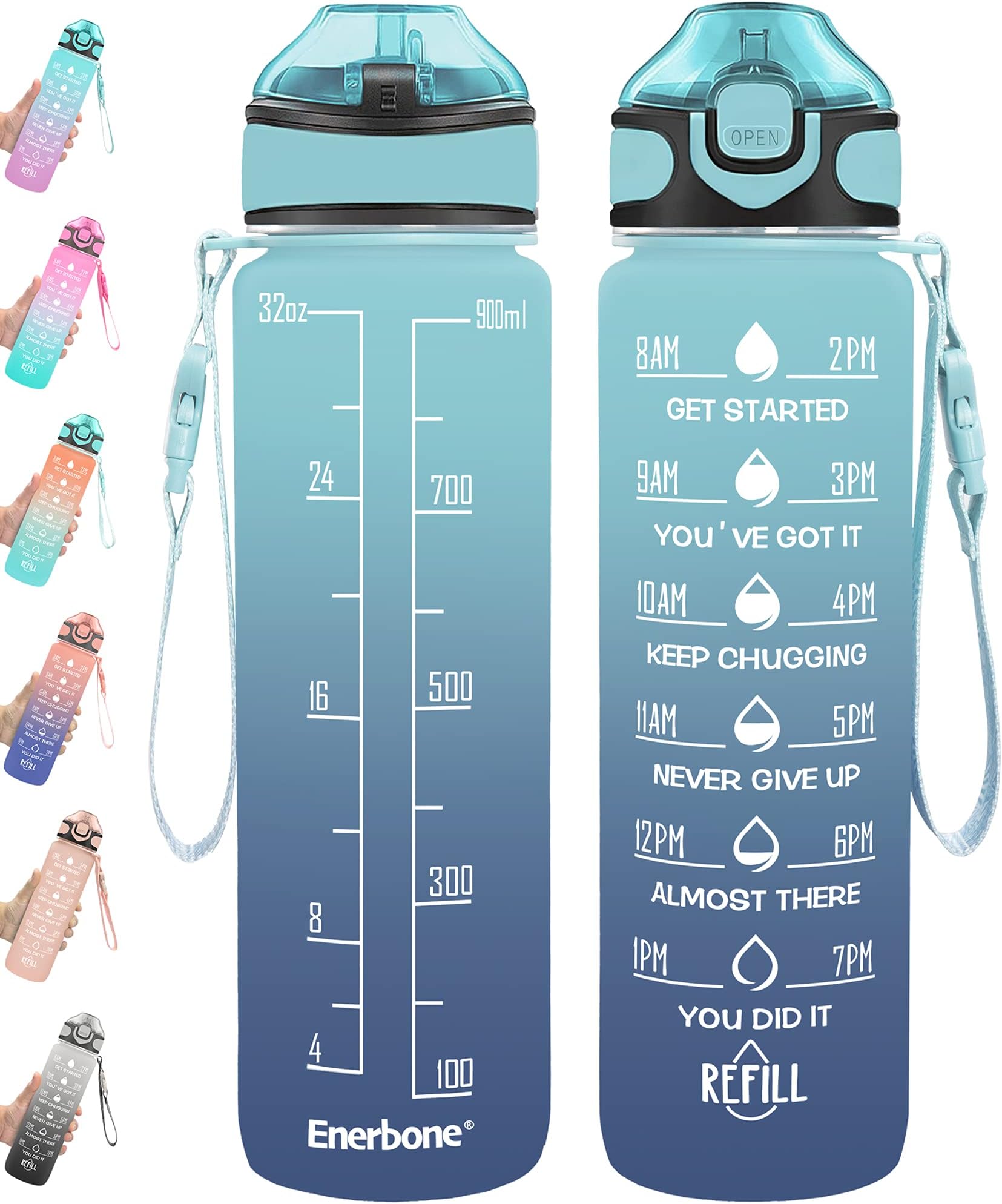 - Enerbone 32 oz Drinking Water Bottle with Times to Drink and Straw, Motivational with Carrying Strap, Leakproof BPA & Toxic Free, Ensure You Drink Enough Water for Fitness Gym Outdoor