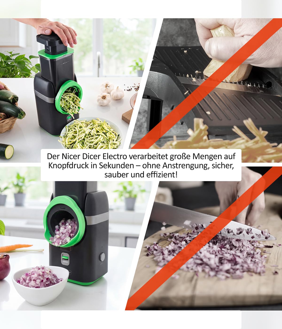 Nicer Dicer Electro Gemüsehobel elektrisch Deluxe Set 32 tlg, Gemüseschneider automatisch, Käsereibe für Gemüse, Obst, Nüsse, 9 Extrascharfe Einsätze, Einfache Reinigung, Leistungsstark