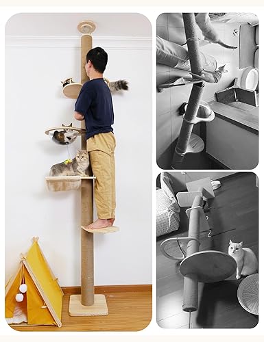Miniatura 9 de Árbol para gatos de suelo a techo, cuerda de sisal natural para rascar, altura 55.52-118.5 pulgadas, ajustable, árbol de actividades para gatos