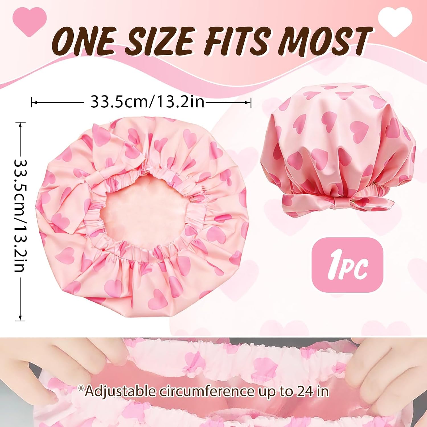 Shower Caps for Women Reusable Waterproof, Large Double Layer Satin Lined Hair Bath Cap with Adjustable Elastic Band, Non-slip Shower Cap for Long Short Hair Pink Love Heart