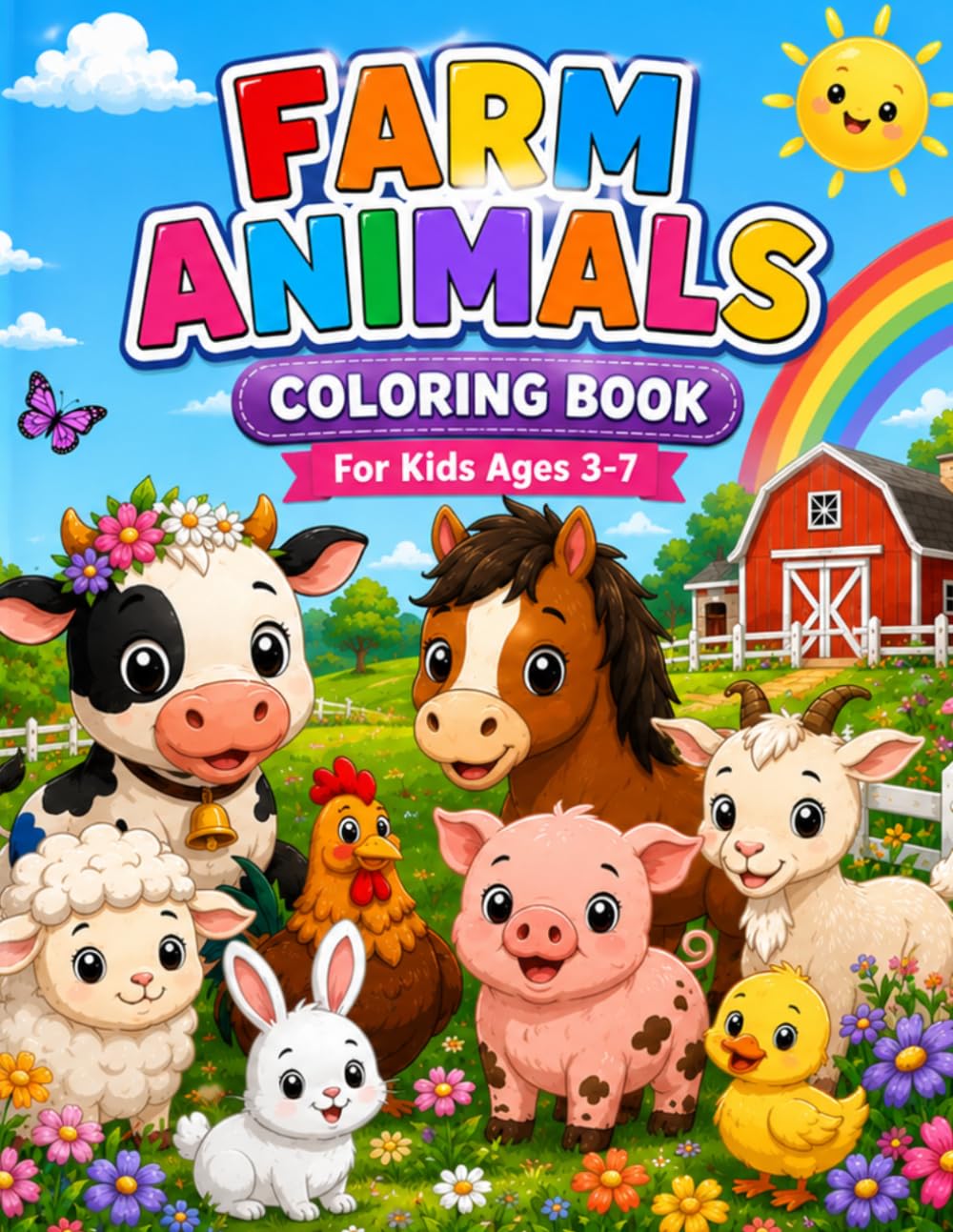 Farm Animals Coloring Book: Cute and Easy Coloring Pages for Kids Ages 3-7 | Fun Farm Animals, Barnyard Friends, and Simple Designs for Preschoolers
