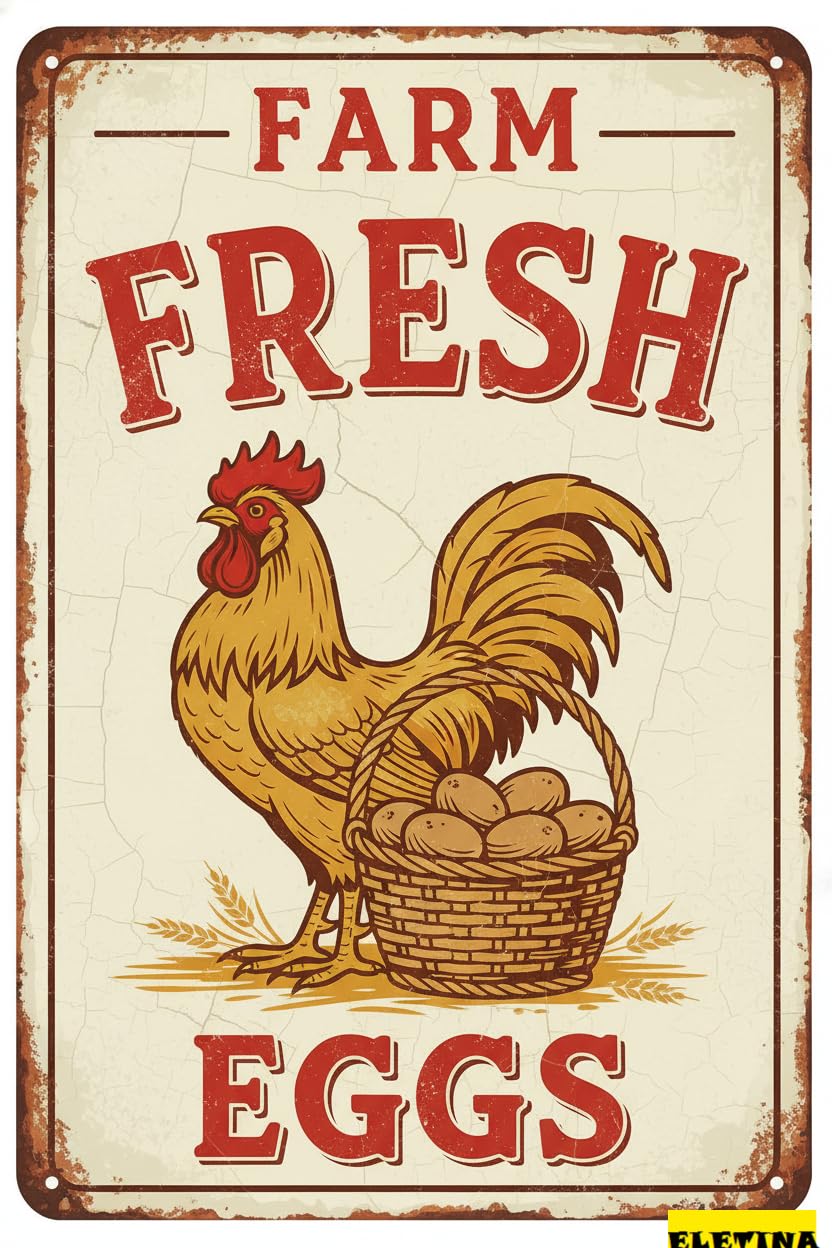 Vintage Metal Tin Sign for S Farm Fresh Eggs Chicken Farmhouse Chicken Coop Farm Kitchen Wall Decor 12x8 Inch Private Property Decorative