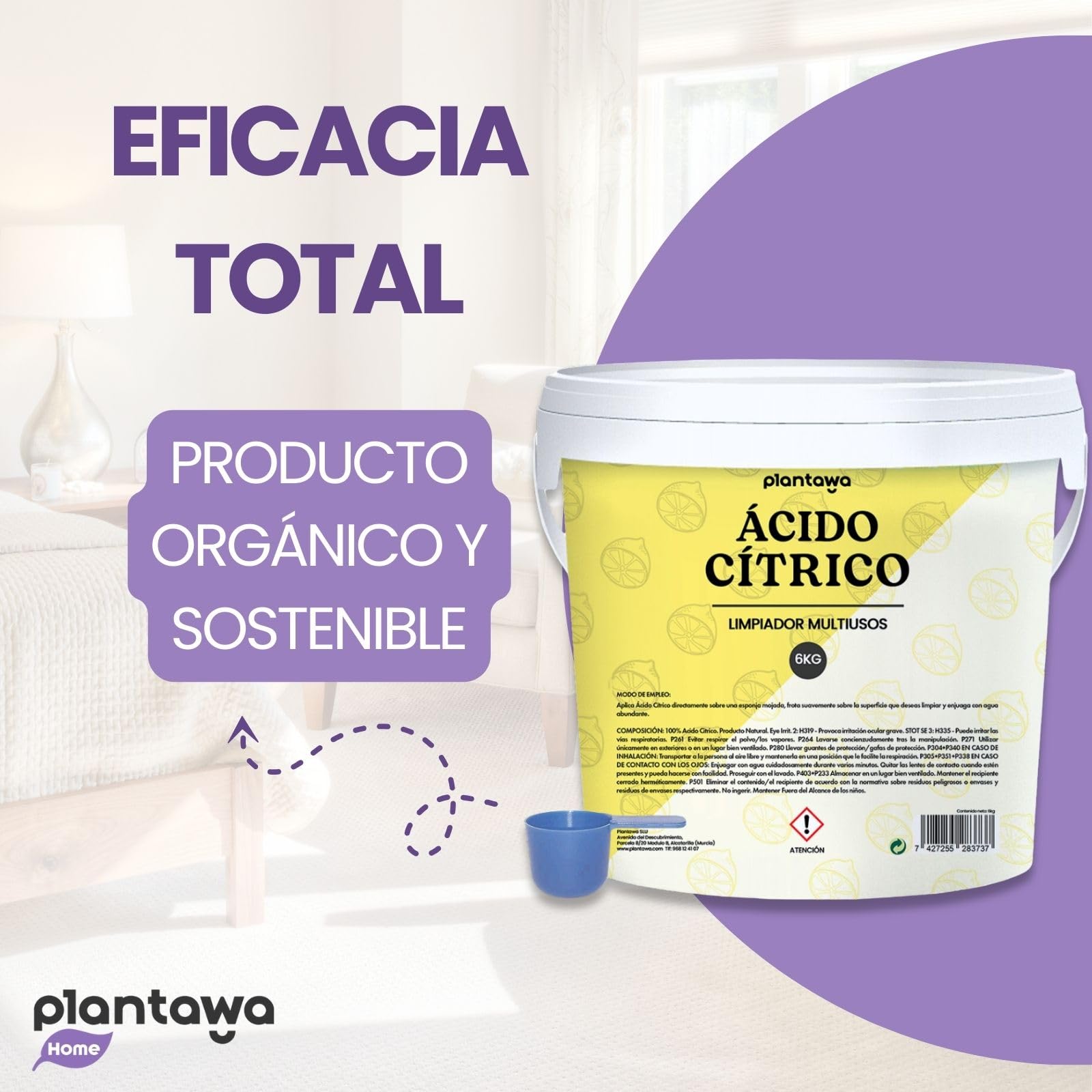 PLANTAWA Ácido Cítrico en Polvo 6kg | Acido Citrico para Limpieza de Cal y Residuos | Alta Solubilidad | Ideal para Cocina, Lavadoras y Grifos | Gran Formato Multiusos