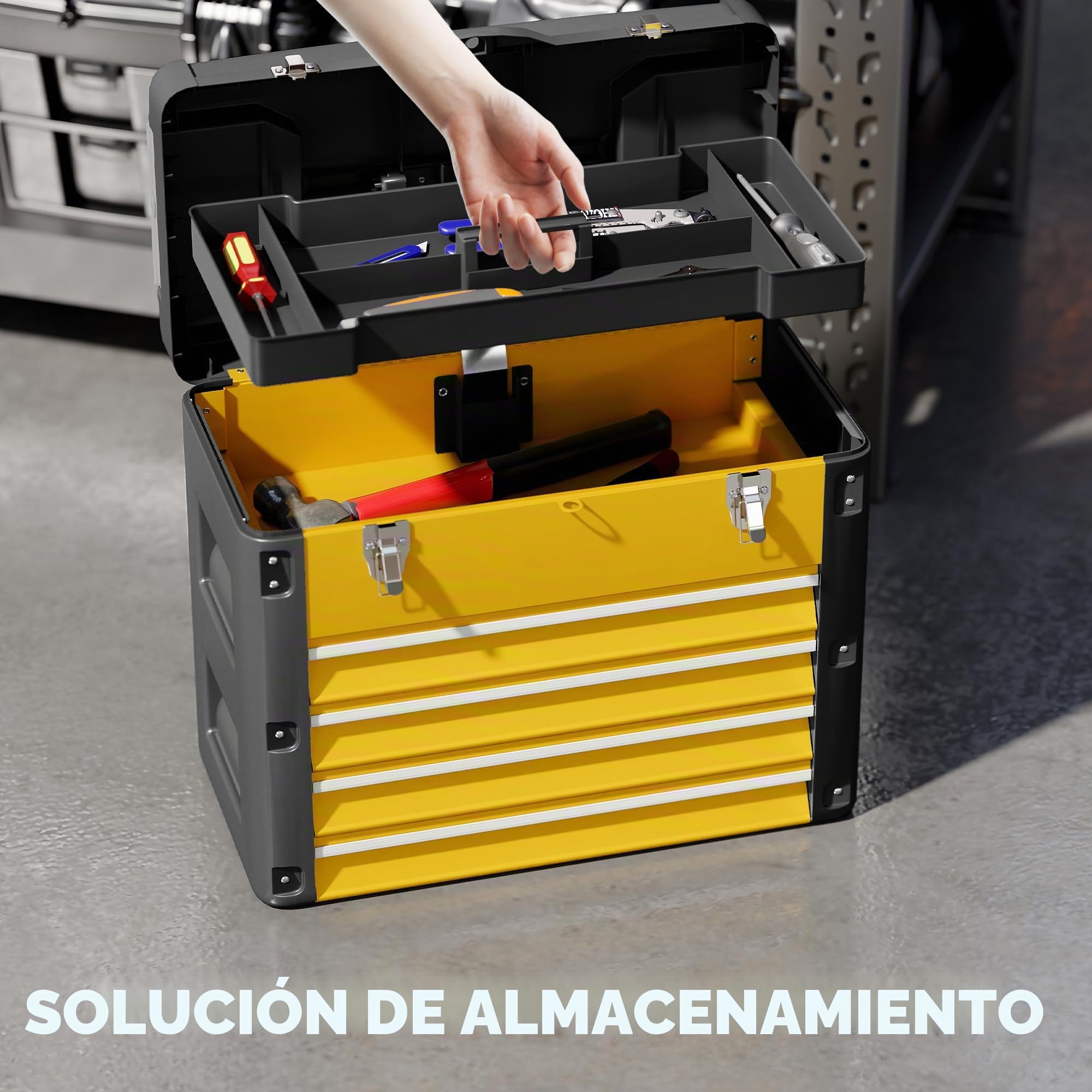 HOMCOM Caja de herramientas con 4 cajones, caja de herramientas de acero termolacado con bandeja extraíble, mini cajas, guías de bolas, asa, caja de herramientas robusta para taller y garaje, amarillo