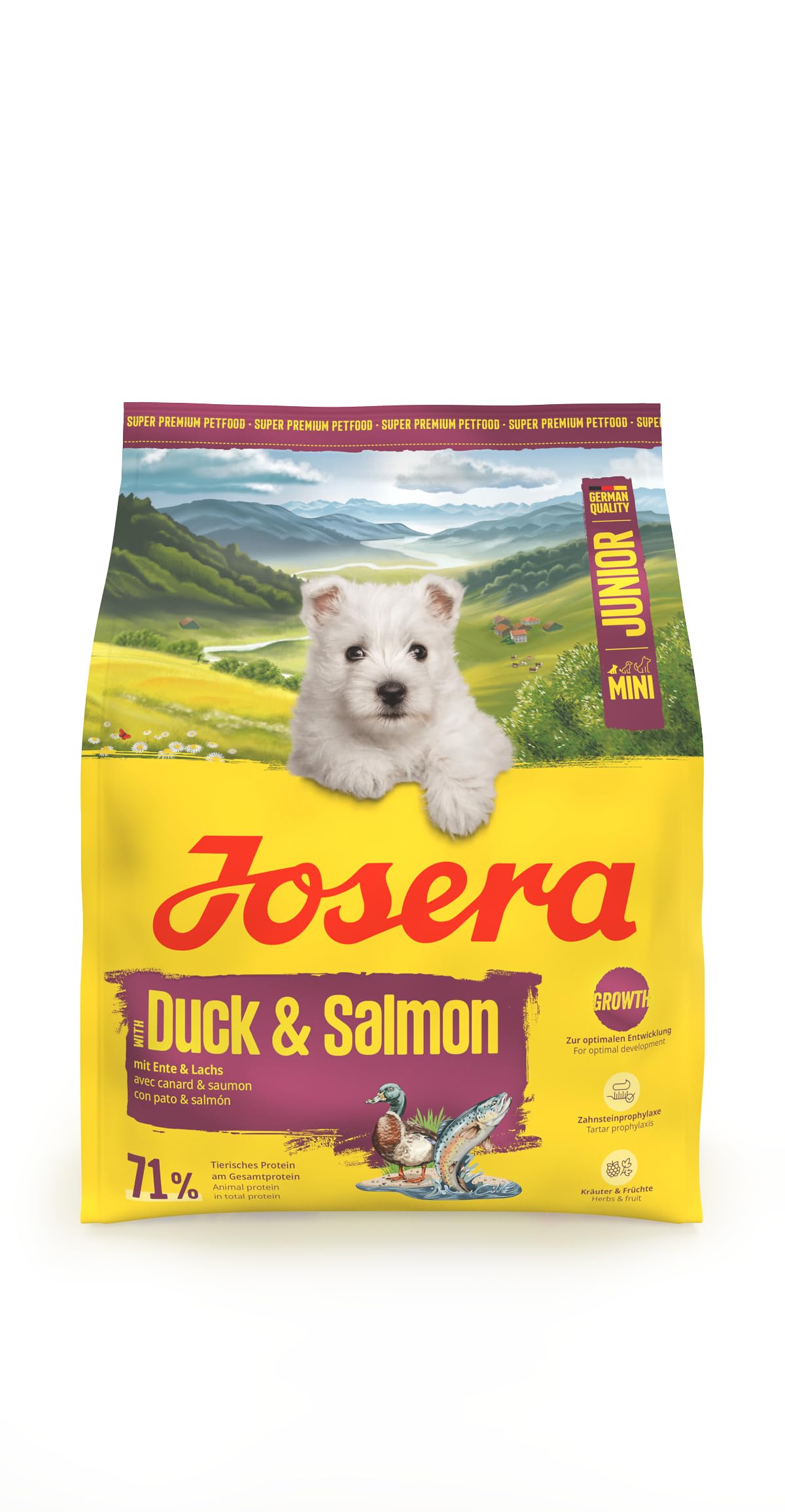 Josera Mini Junior Duck & Salmon | Complete dry food for toy & small breeds | Gluten free | Tartar control | Herbs & fruits | Joint support | 0.9kg