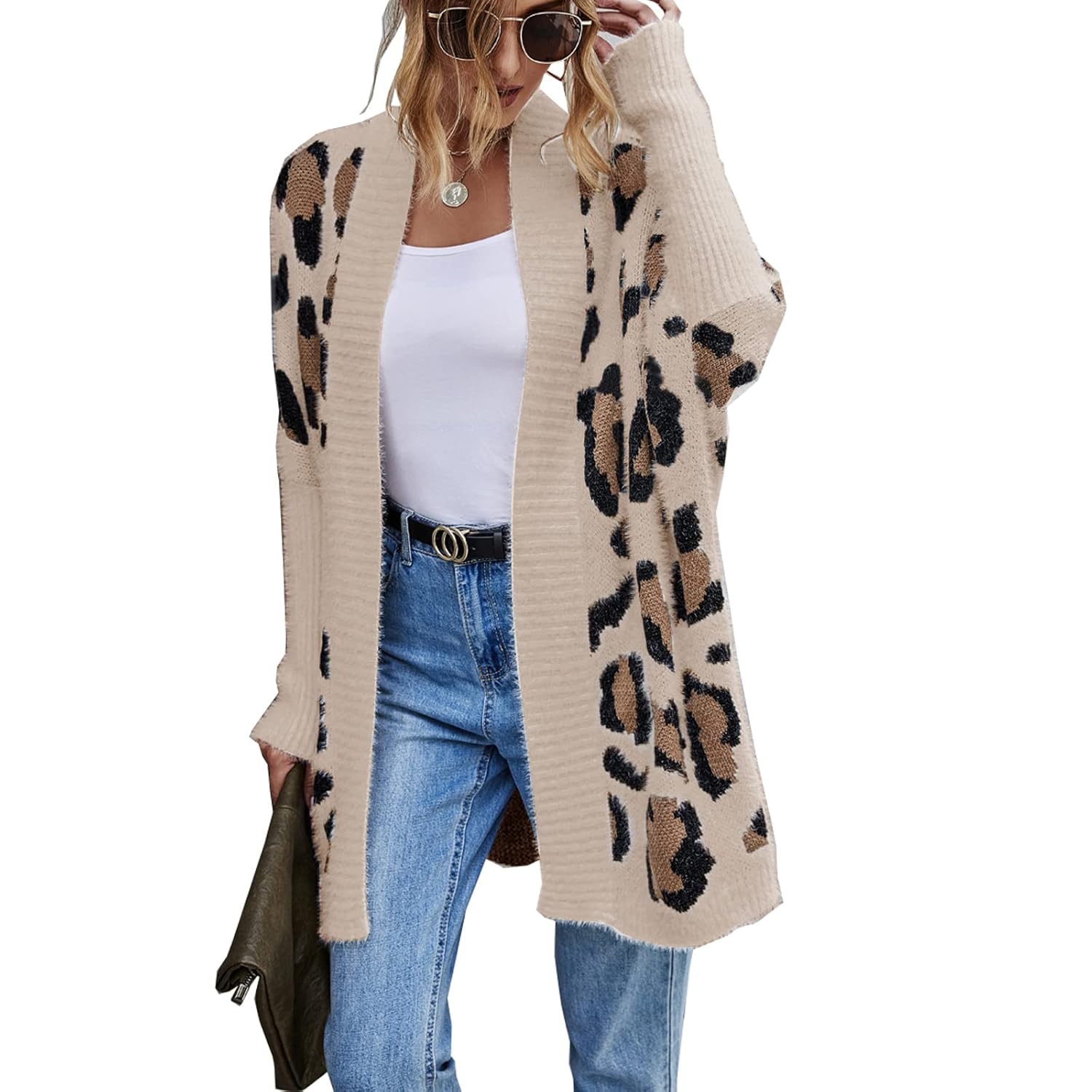 Womens Long Sleeves Open Front Casual Leopard Print Fuzzy Knitted Sweater Cardigan Coat Outwear