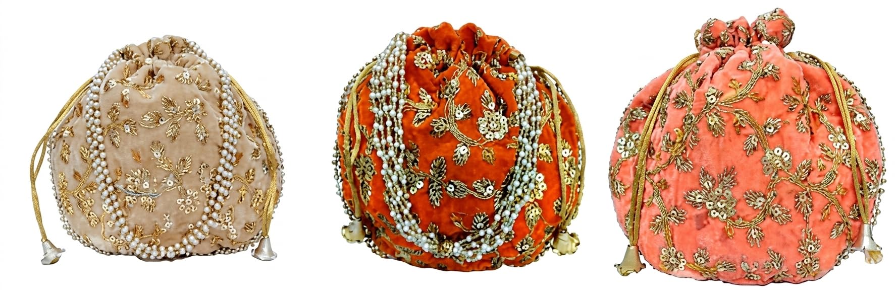 JDDCART Velvet Feel Wedding Potli Combo of 3 for Ladies Drawstring Closure Embroidered Fabric Handbag (Brick Red, Beige, Orange)-image-0